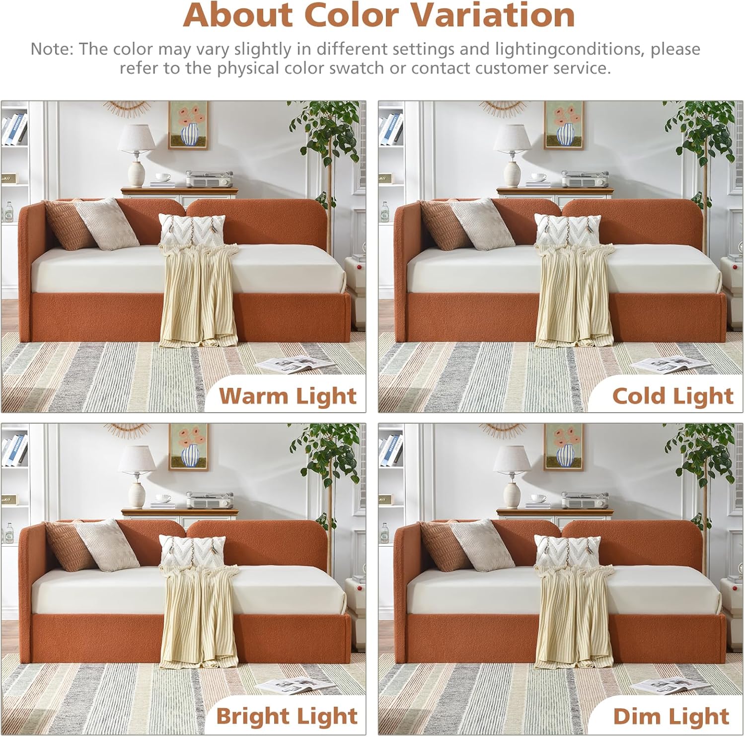 VELOCAVA Twin Size Upholstered Daybed with Lift-Up Storage, Orange Boucle Textured Corner Bed with Reversible Armrest and L-Shaped Design, Under-Bed Gas Lift Storage for Bedroom or Apartment - Image 8