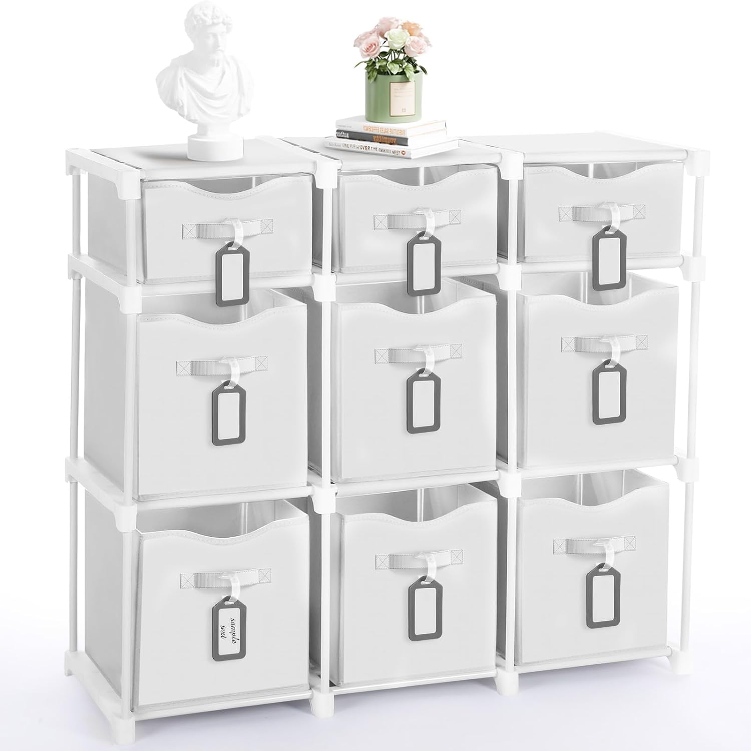 Fiwochic 9 Cube Storage Organizer Shelf with Storage Bins and Label, 11 Inch Toy Cube Bins Clothes Closet Organizers Drawers Fabric Dresser for Living Room, Bedroom, Playroom, Dorm(Pastel) - Image 8