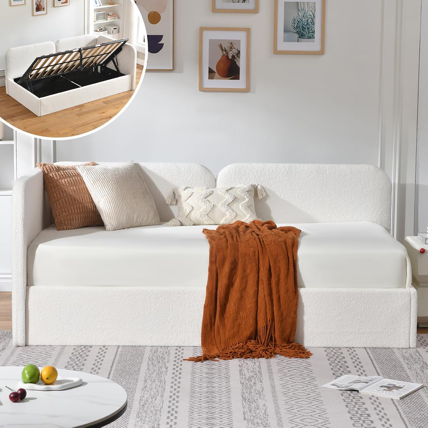 VELOCAVA Twin Size Upholstered Daybed with Lift-Up Storage, Orange Boucle Textured Corner Bed with Reversible Armrest and L-Shaped Design, Under-Bed Gas Lift Storage for Bedroom or Apartment - Image 9