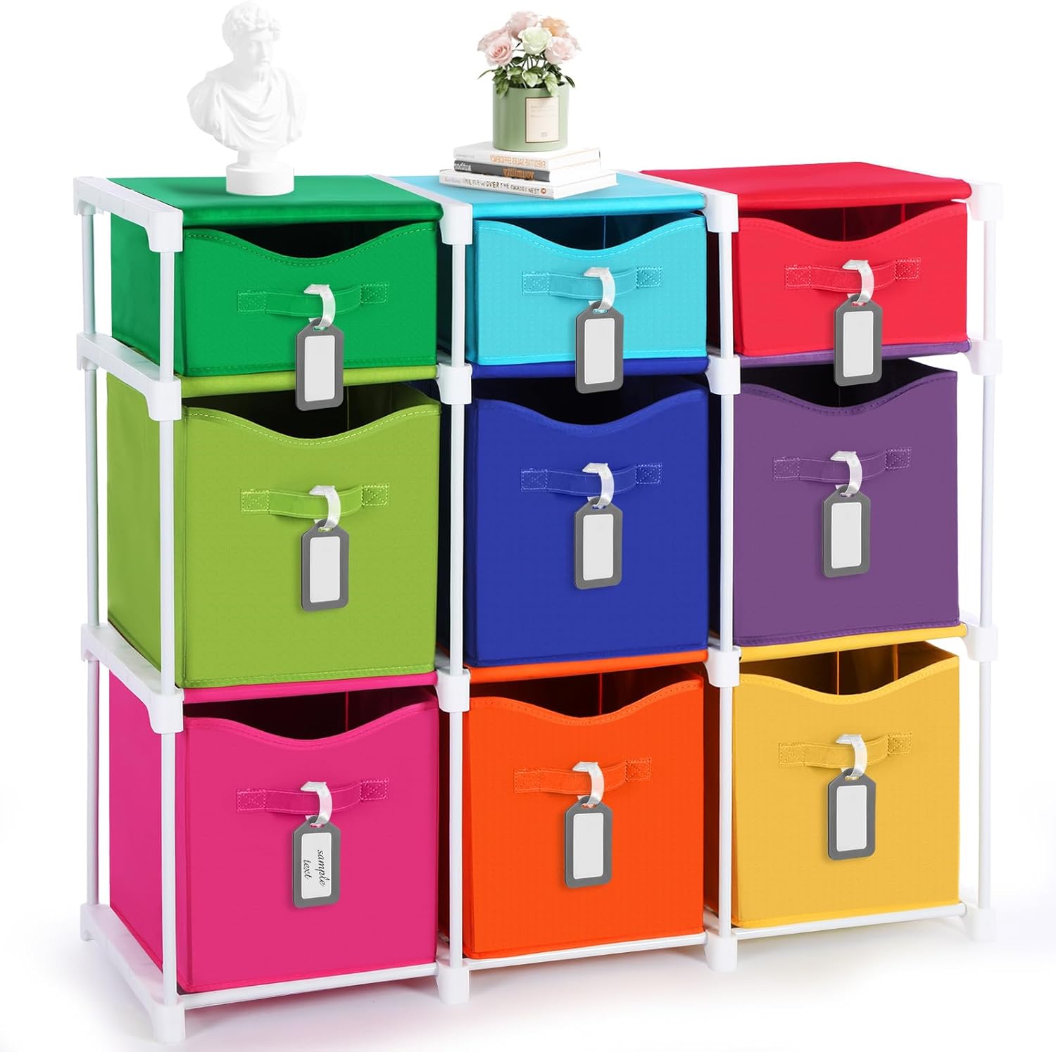 Fiwochic 9 Cube Storage Organizer Shelf with Storage Bins and Label, 11 Inch Toy Cube Bins Clothes Closet Organizers Drawers Fabric Dresser for Living Room, Bedroom, Playroom, Dorm(Pastel) - Image 9