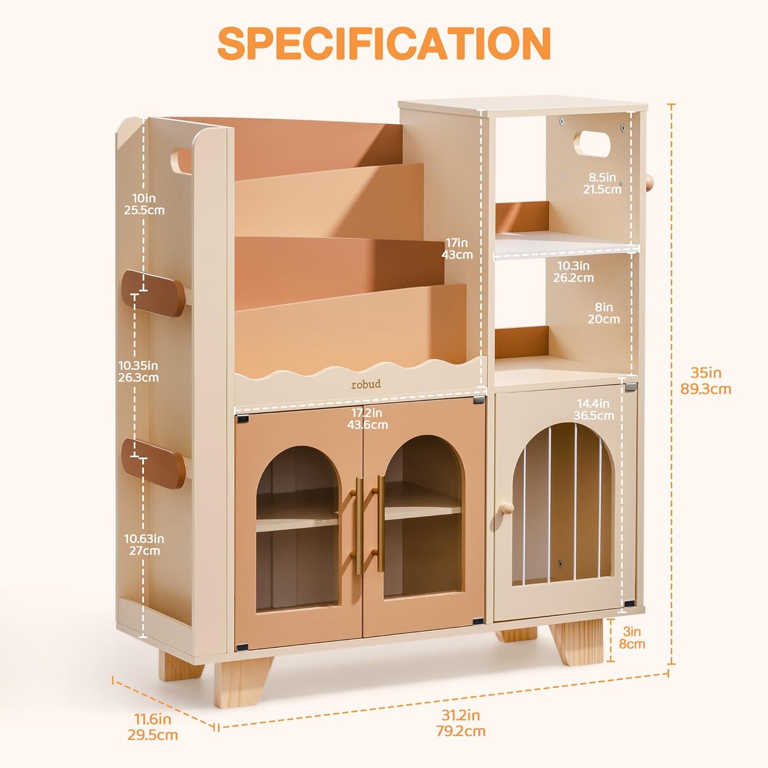ROBUD Toy Storage Organizer, All-in-One Toy Organizers and Storage, Kids Wooden Bookshelf with 6 Storage compartments, Toy Chest Shelf Organizer for Playroom Bedroom, Caramel