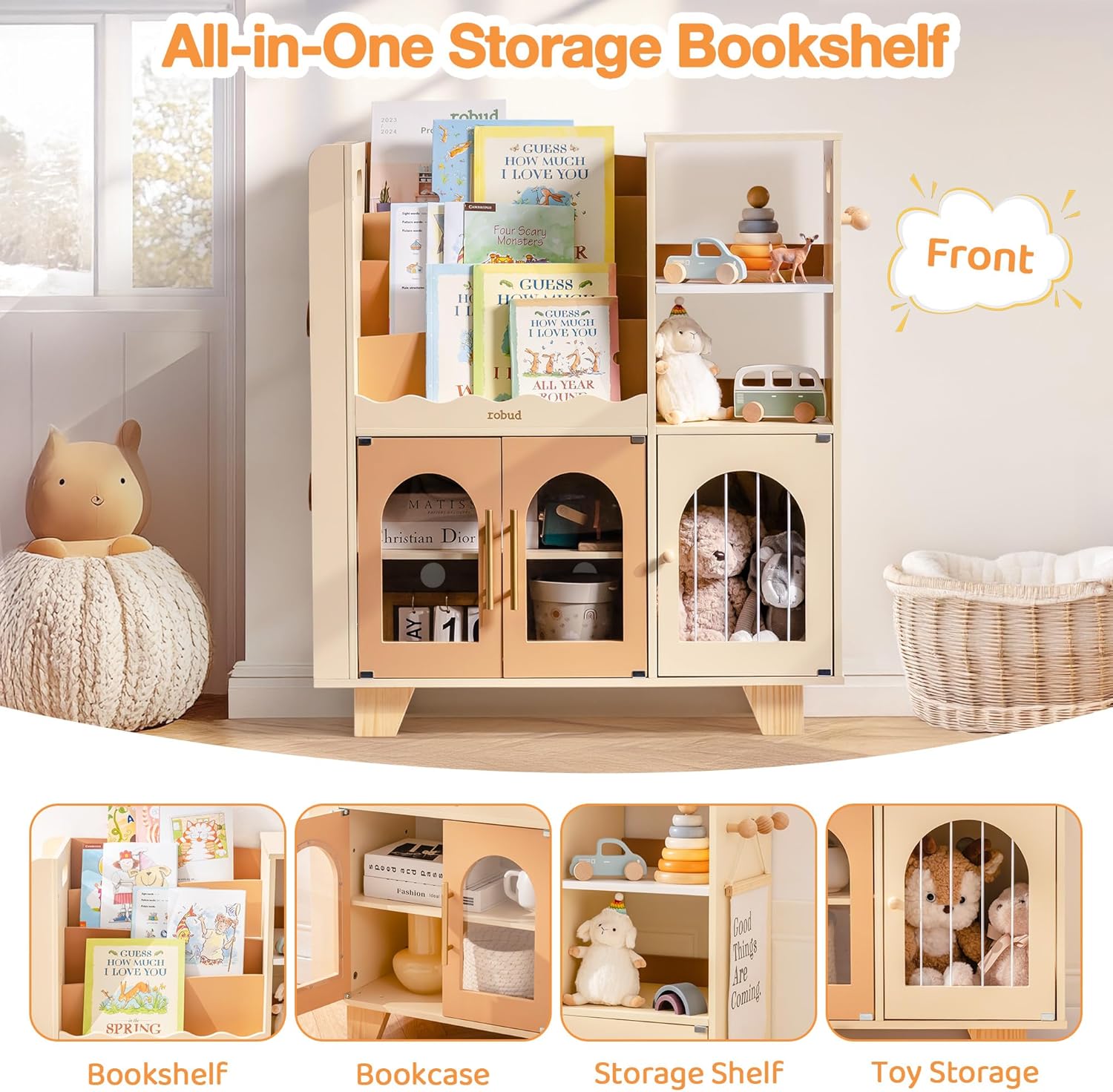 ROBUD Toy Storage Organizer, All-in-One Toy Organizers and Storage, Kids Wooden Bookshelf with 6 Storage compartments, Toy Chest Shelf Organizer for Playroom Bedroom, Caramel - Image 3