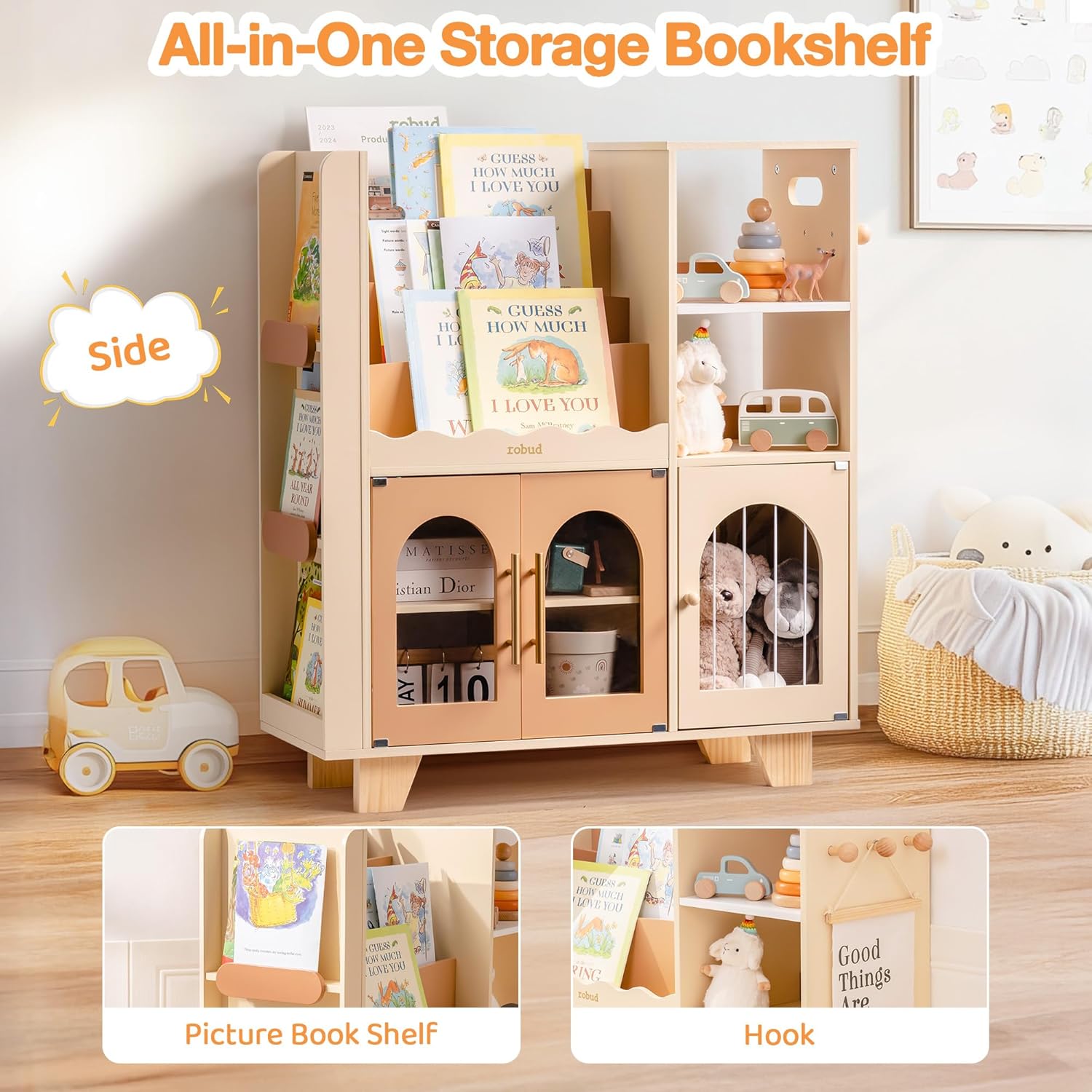 ROBUD Toy Storage Organizer, All-in-One Toy Organizers and Storage, Kids Wooden Bookshelf with 6 Storage compartments, Toy Chest Shelf Organizer for Playroom Bedroom, Caramel - Image 4