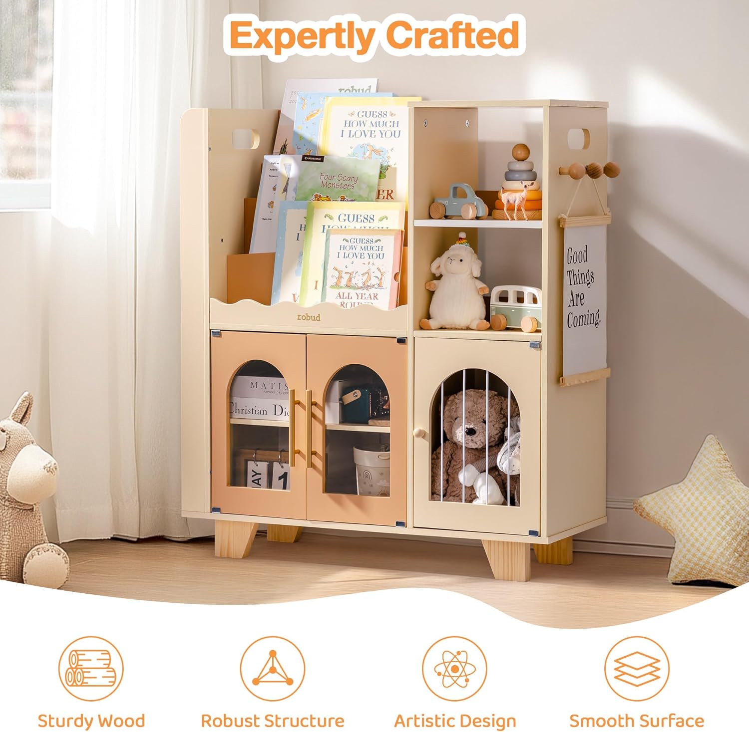 ROBUD Toy Storage Organizer, All-in-One Toy Organizers and Storage, Kids Wooden Bookshelf with 6 Storage compartments, Toy Chest Shelf Organizer for Playroom Bedroom, Caramel - Image 5