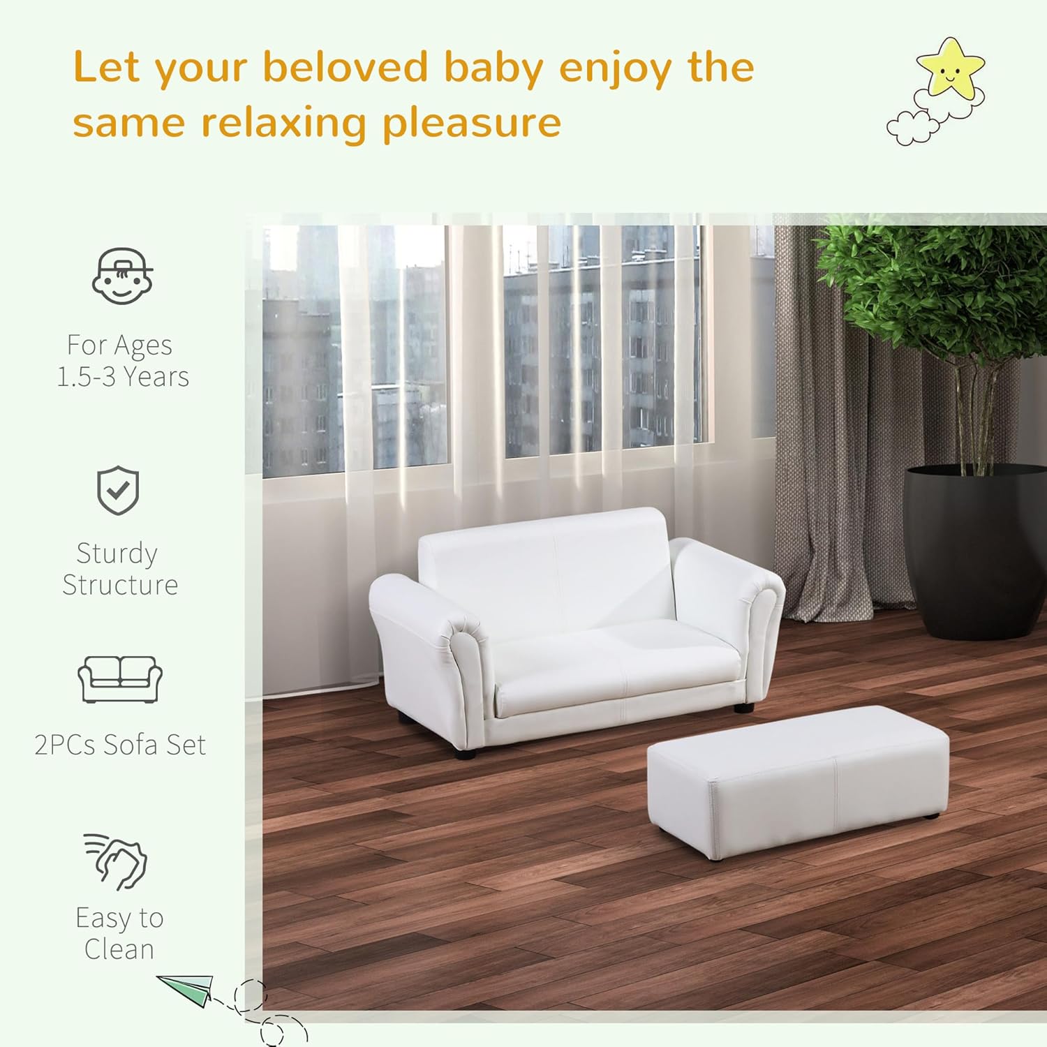 Qaba Kids Sofa with Footstool for Children, Toddler Couch for Playroom, Nursery, Living Room, Bedroom Furniture, White - Image 4