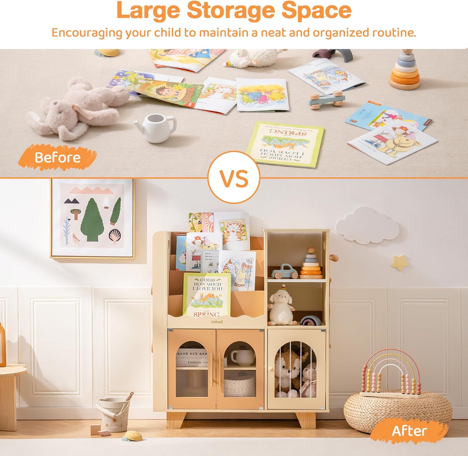 ROBUD Toy Storage Organizer, All-in-One Toy Organizers and Storage, Kids Wooden Bookshelf with 6 Storage compartments, Toy Chest Shelf Organizer for Playroom Bedroom, Caramel - Image 6