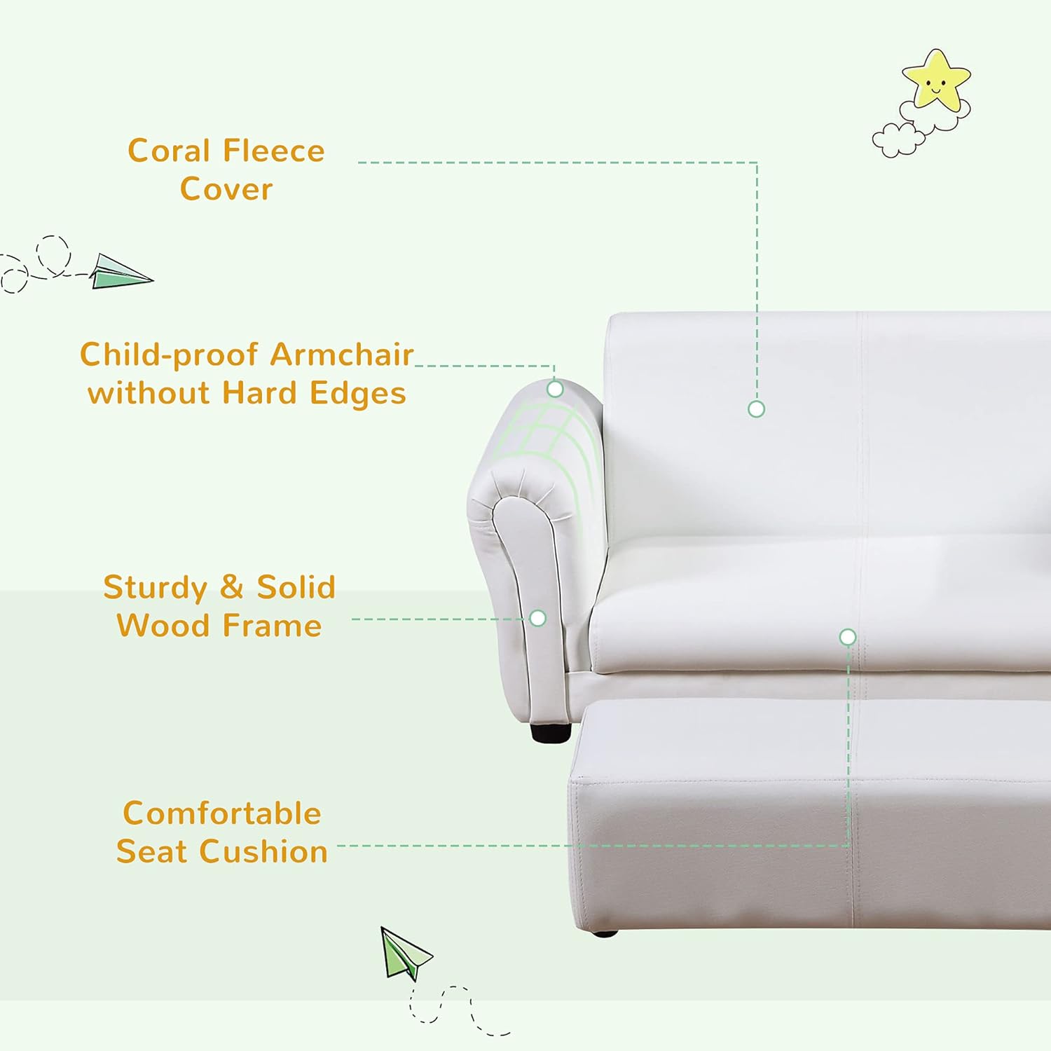 Qaba Kids Sofa with Footstool for Children, Toddler Couch for Playroom, Nursery, Living Room, Bedroom Furniture, White - Image 5