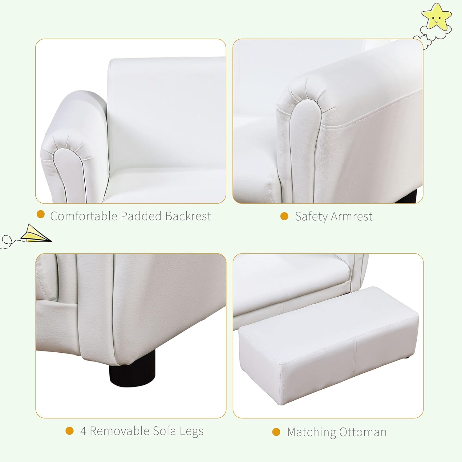 Qaba Kids Sofa with Footstool for Children, Toddler Couch for Playroom, Nursery, Living Room, Bedroom Furniture, White - Image 6