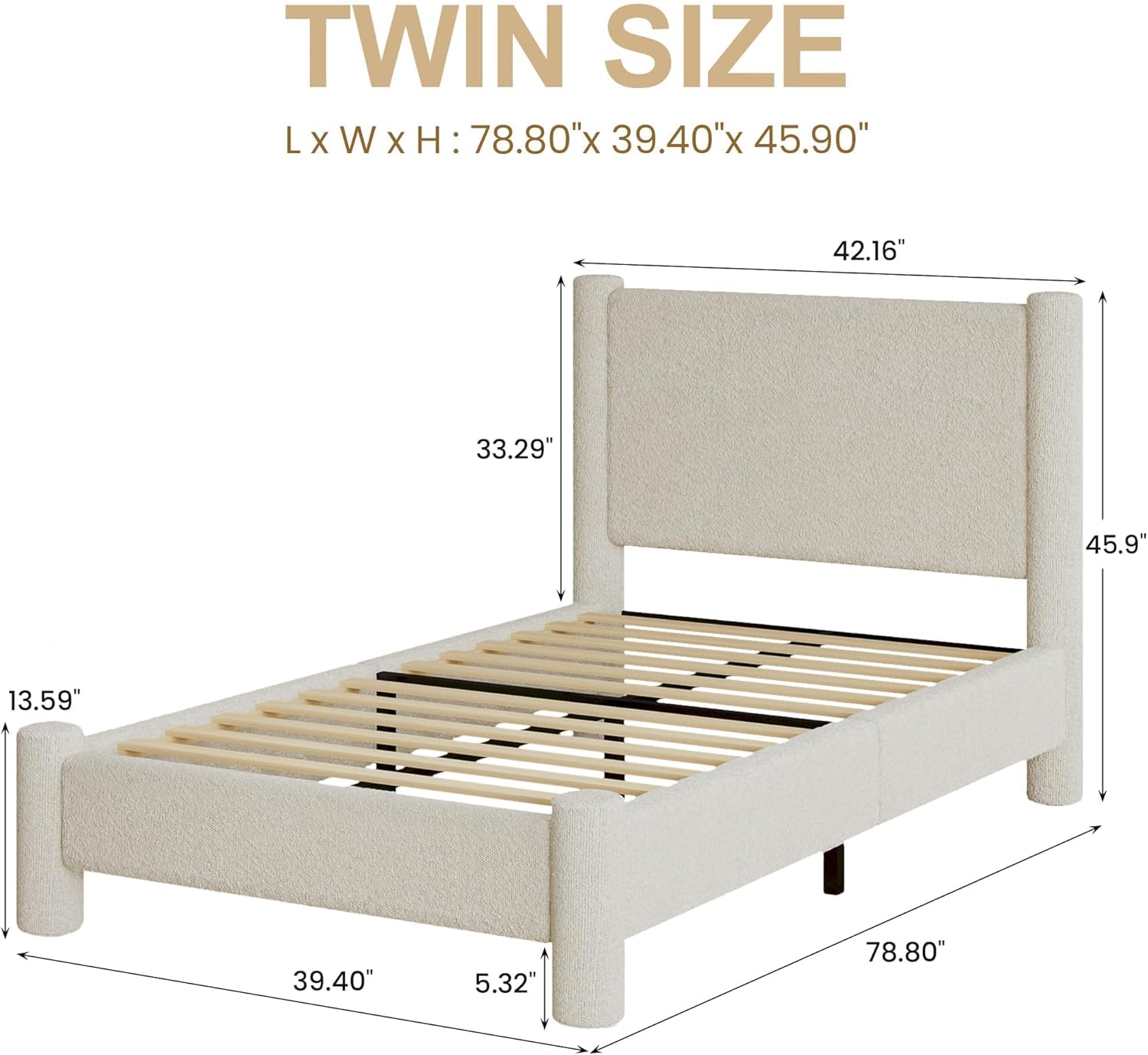 REVOMINCA Twin Size Bed Frame, Boucle Upholstered Platform Bed with Headboard and Footboard, Soft Rounded Corners, No Box Spring Required, Easy Assembly, Cream