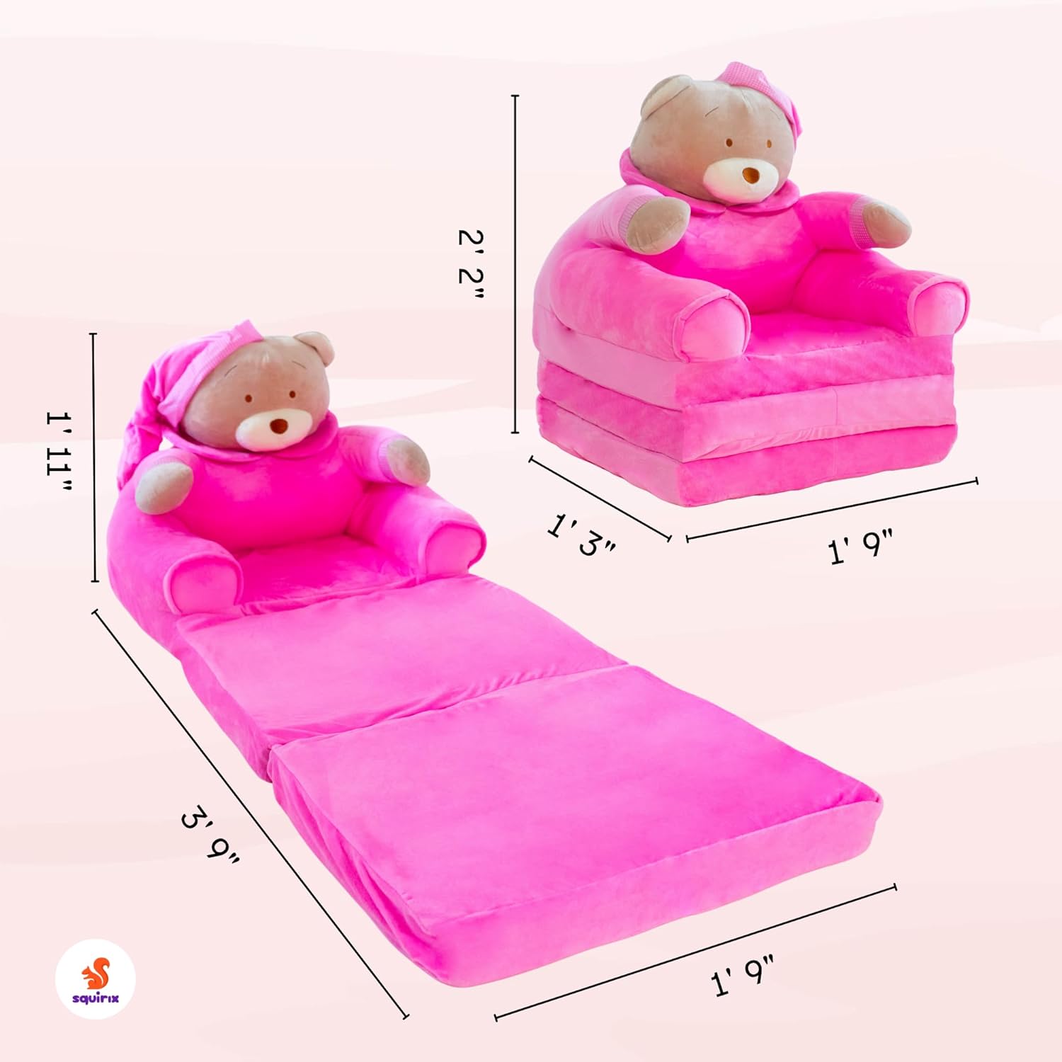 Squirix Kids Folding Chair u2013 Plush Teddy Bear Fold Out Chair Bed for Toddlers u2013 Soft Kid Couch for Girls u2013 Lightweight Washable Kids Furniture for Bedroom, Playroom, or Travel (Pink)