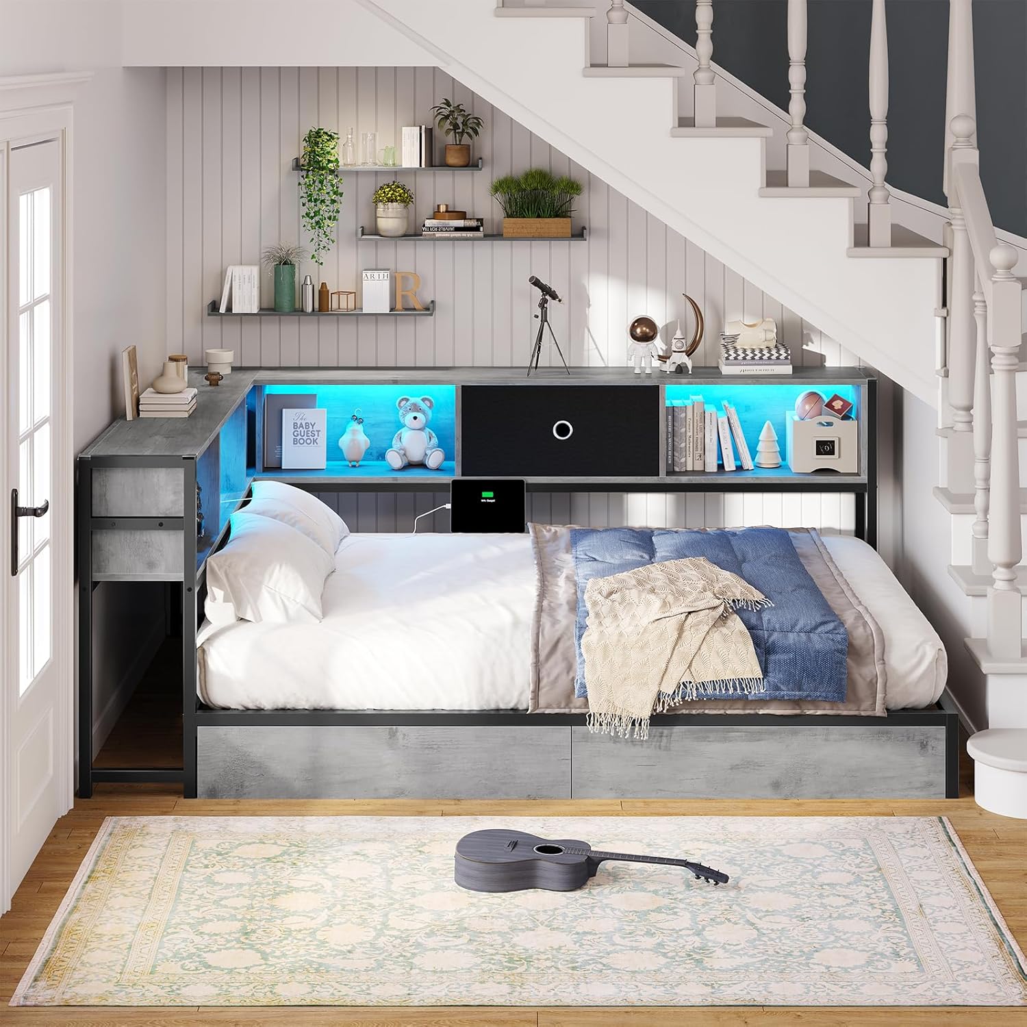 Hasuit Full Corner Bed Frame with Storage Drawers and Bookcase Headboard, Full Size Metal Platform Corner Bed Frame with Charging Station and LED Lights, Full Daybed for Kids Teens Guests, Oak Gray