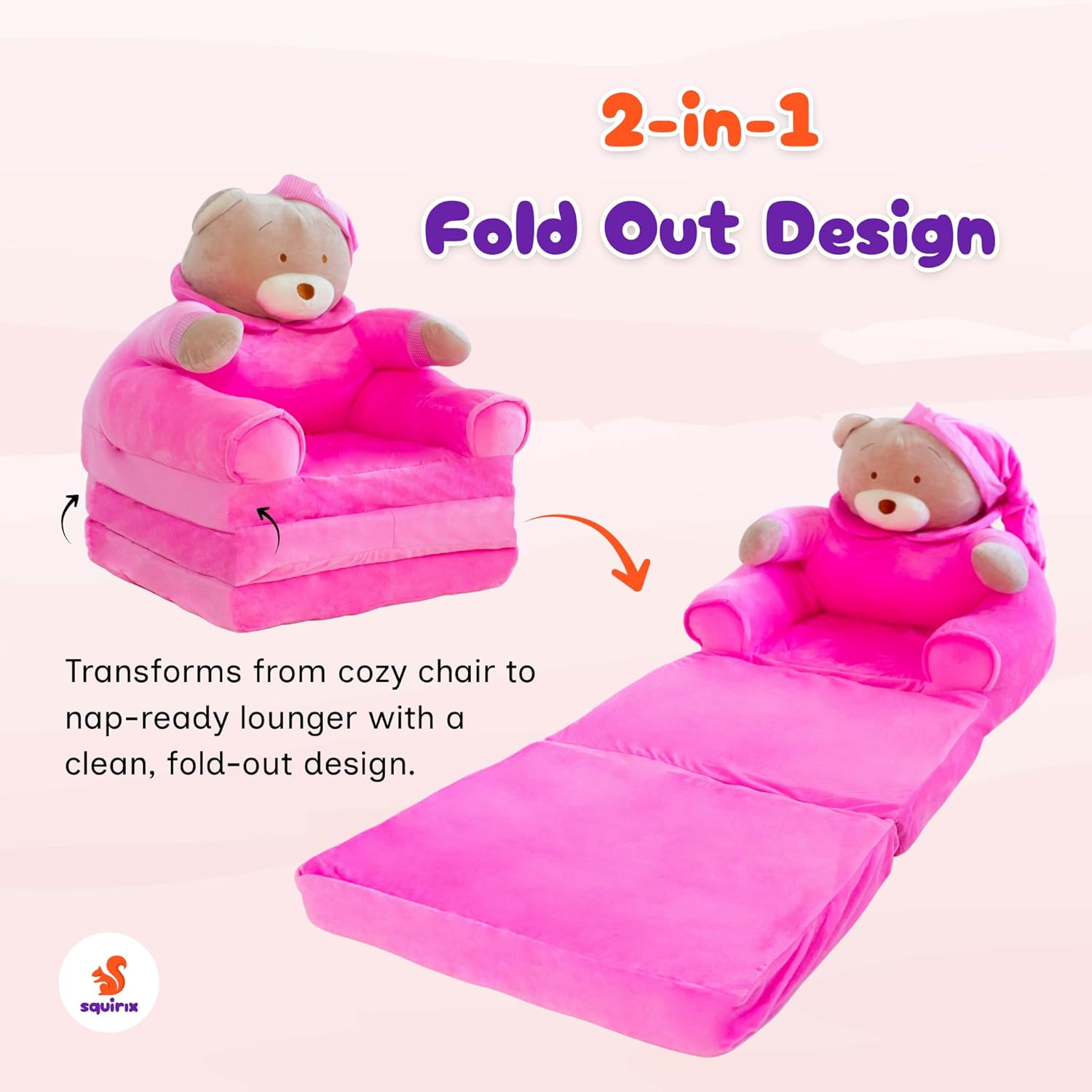 Alternative view of Squirix Kids Folding Chair u2013 Plush Teddy Bear Fold Out Chair Bed for Toddlers u2013 Soft Kid Couch for Girls u2013 Lightweight Washable Kids Furniture for Bedroom, Playroom, or Travel (Pink)