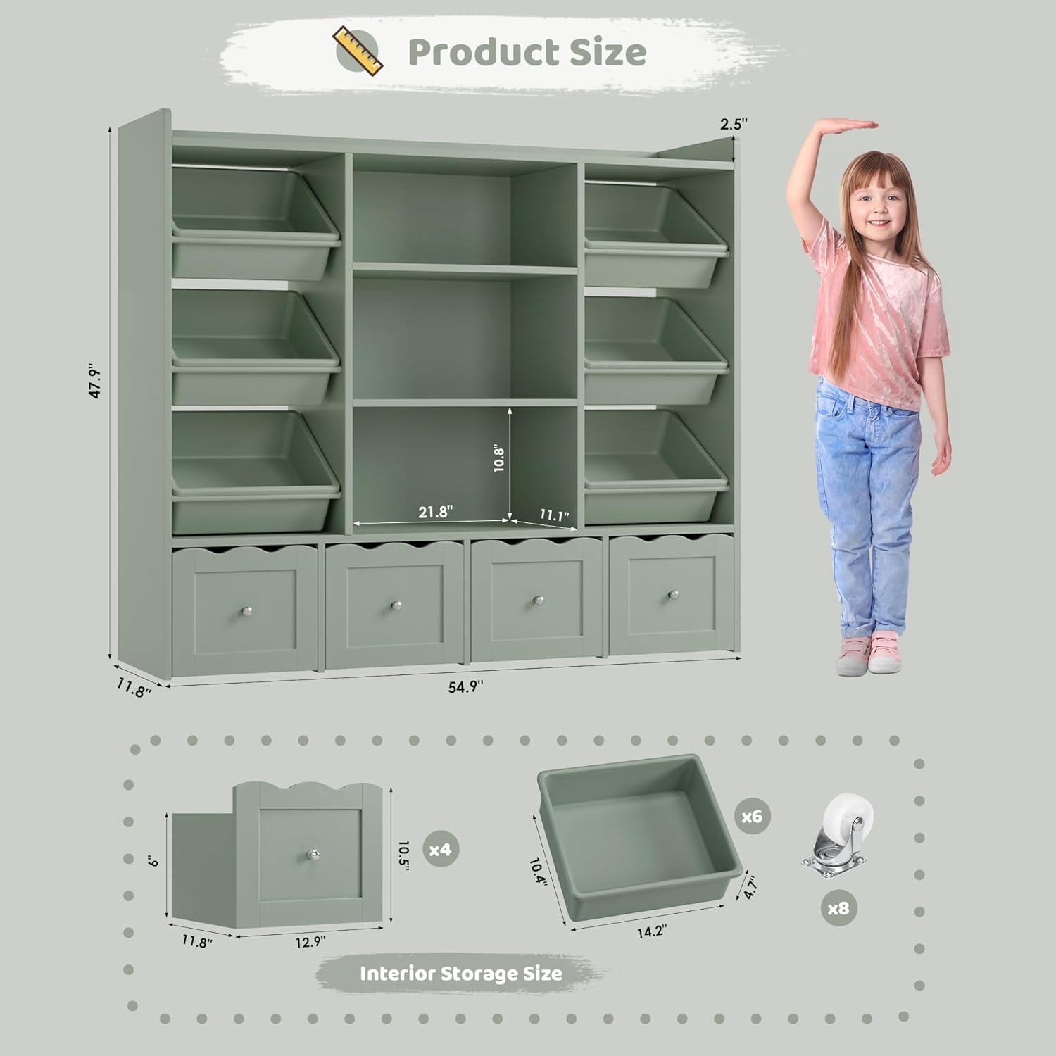 HITHOS 55" W Kids Toy Storage Organizer, Large Toy Box with Bookshelf, Toy Chest with 3 Cubes Storage Organizer, 6 Toy Organizers and Storage Bins, 4 Rolling Drawers for Kids Room, Playroom, Green