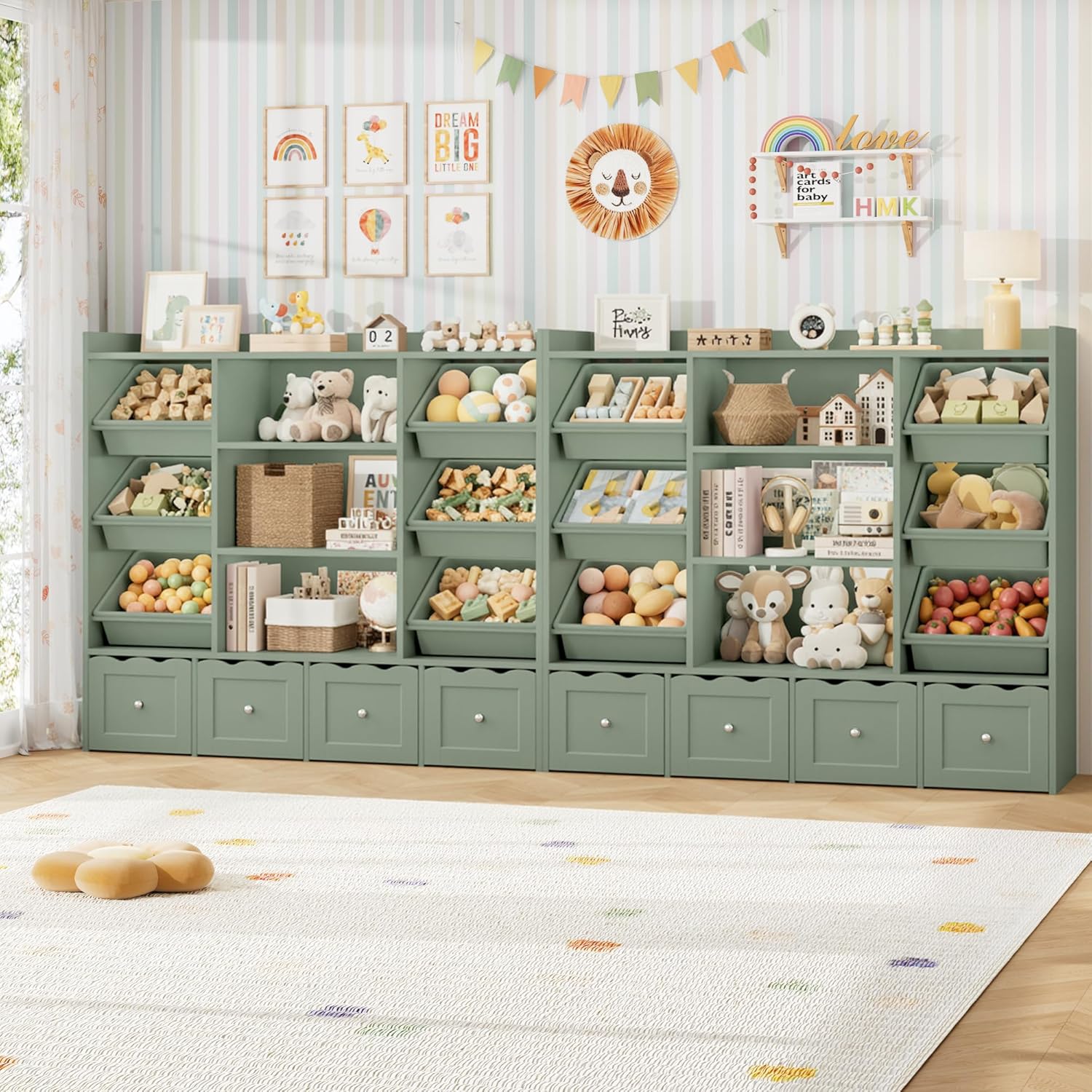 Alternative view of HITHOS 55" W Kids Toy Storage Organizer, Large Toy Box with Bookshelf, Toy Chest with 3 Cubes Storage Organizer, 6 Toy Organizers and Storage Bins, 4 Rolling Drawers for Kids Room, Playroom, Green