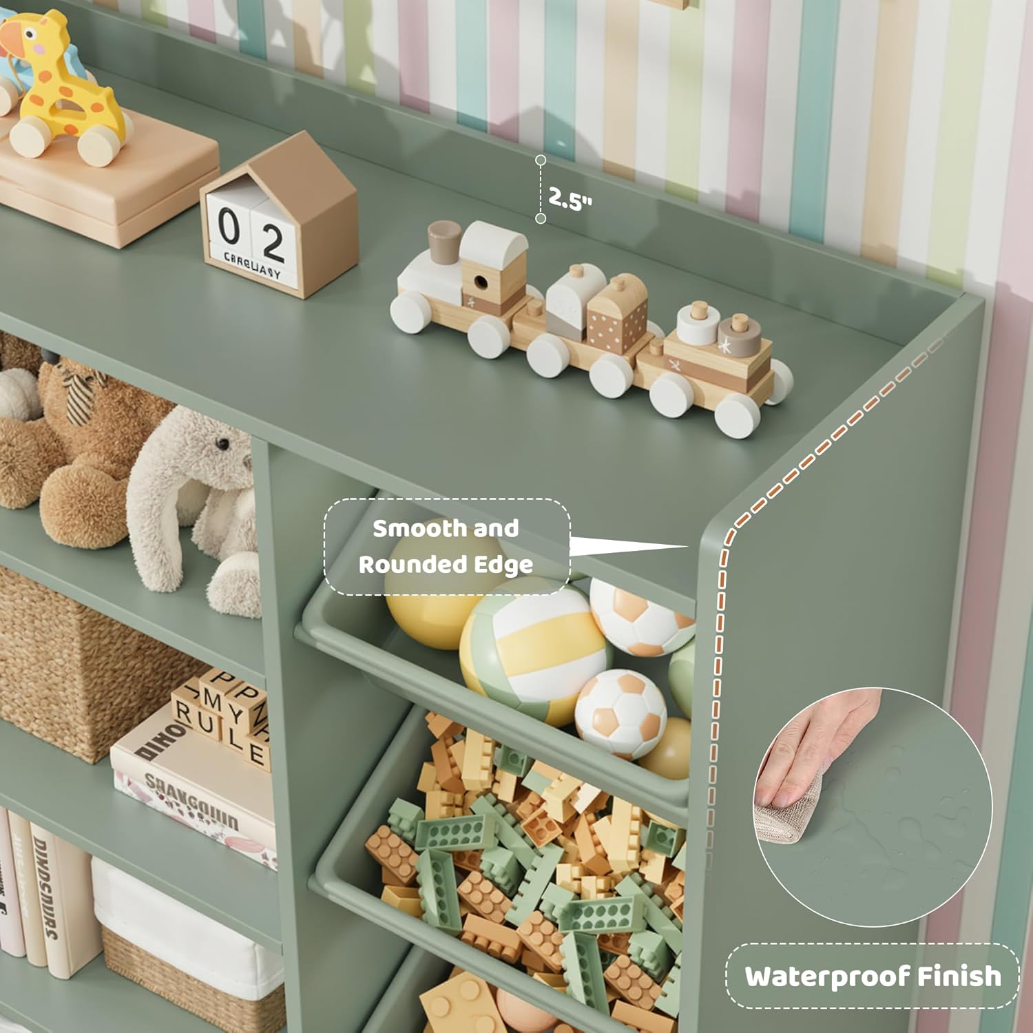 HITHOS 55" W Kids Toy Storage Organizer, Large Toy Box with Bookshelf, Toy Chest with 3 Cubes Storage Organizer, 6 Toy Organizers and Storage Bins, 4 Rolling Drawers for Kids Room, Playroom, Green - Image 3