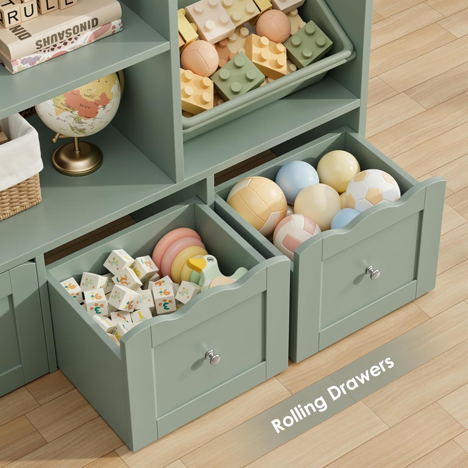 HITHOS 55" W Kids Toy Storage Organizer, Large Toy Box with Bookshelf, Toy Chest with 3 Cubes Storage Organizer, 6 Toy Organizers and Storage Bins, 4 Rolling Drawers for Kids Room, Playroom, Green - Image 4