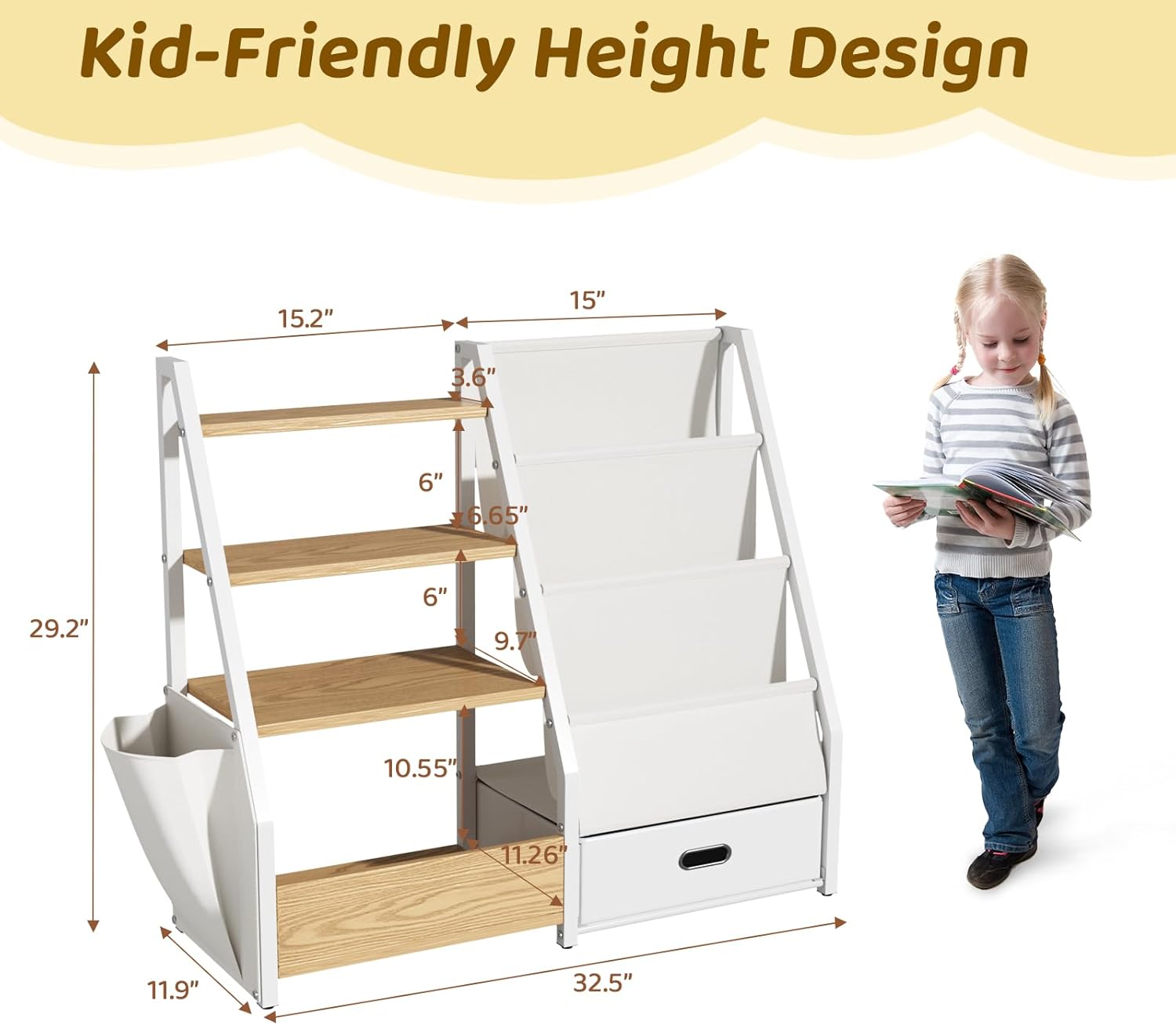 KIDINIX Kids Bookshelf and Toy Storage - 3 Tier Sling Book Shelf with Toy Organizer, Montessori Toddler Bookcase for Bedroom, Playroom, Children Room, Nursery, Classroom, White and Natural