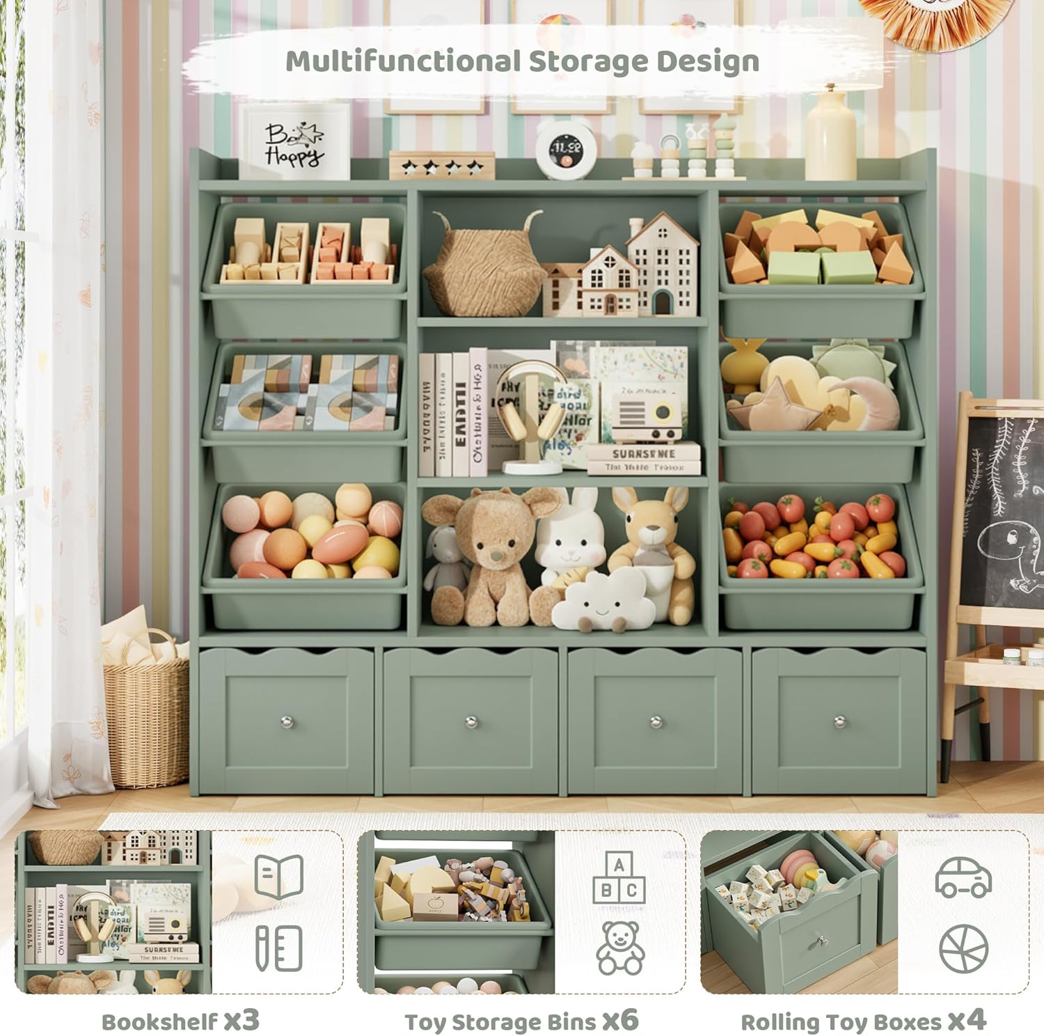 HITHOS 55" W Kids Toy Storage Organizer, Large Toy Box with Bookshelf, Toy Chest with 3 Cubes Storage Organizer, 6 Toy Organizers and Storage Bins, 4 Rolling Drawers for Kids Room, Playroom, Green - Image 5