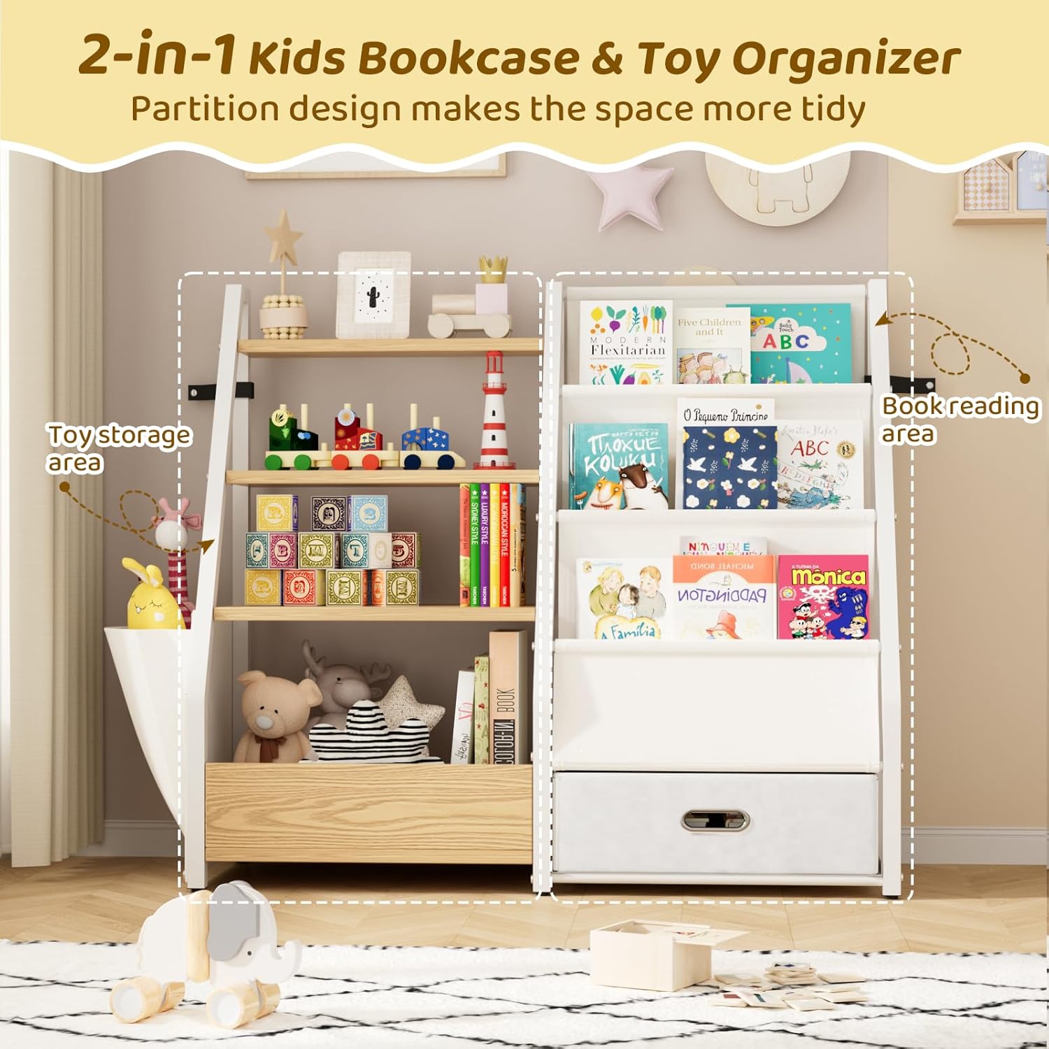 Alternative view of KIDINIX Kids Bookshelf and Toy Storage - 3 Tier Sling Book Shelf with Toy Organizer, Montessori Toddler Bookcase for Bedroom, Playroom, Children Room, Nursery, Classroom, White and Natural