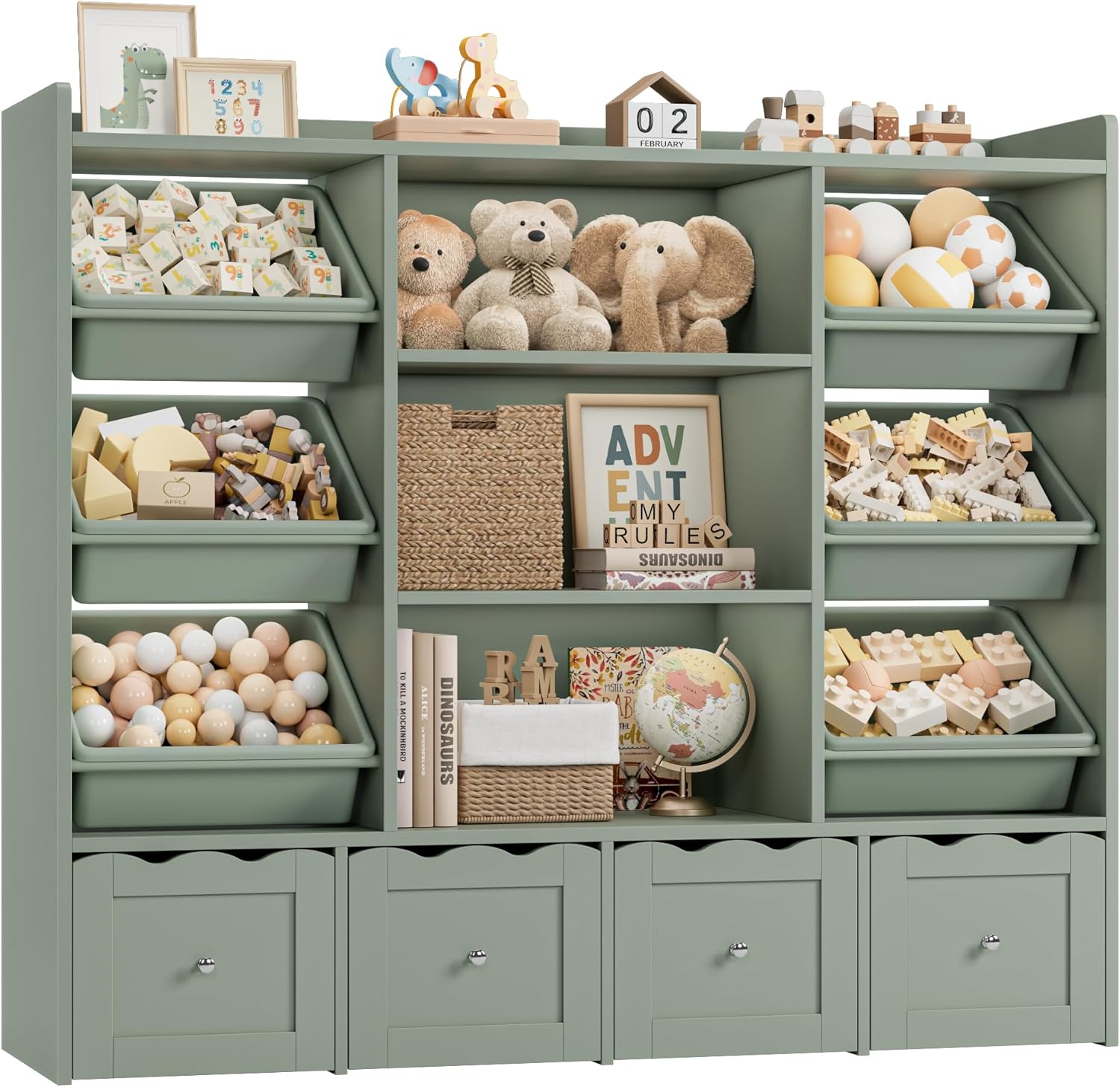 HITHOS 55" W Kids Toy Storage Organizer, Large Toy Box with Bookshelf, Toy Chest with 3 Cubes Storage Organizer, 6 Toy Organizers and Storage Bins, 4 Rolling Drawers for Kids Room, Playroom, Green - Image 6