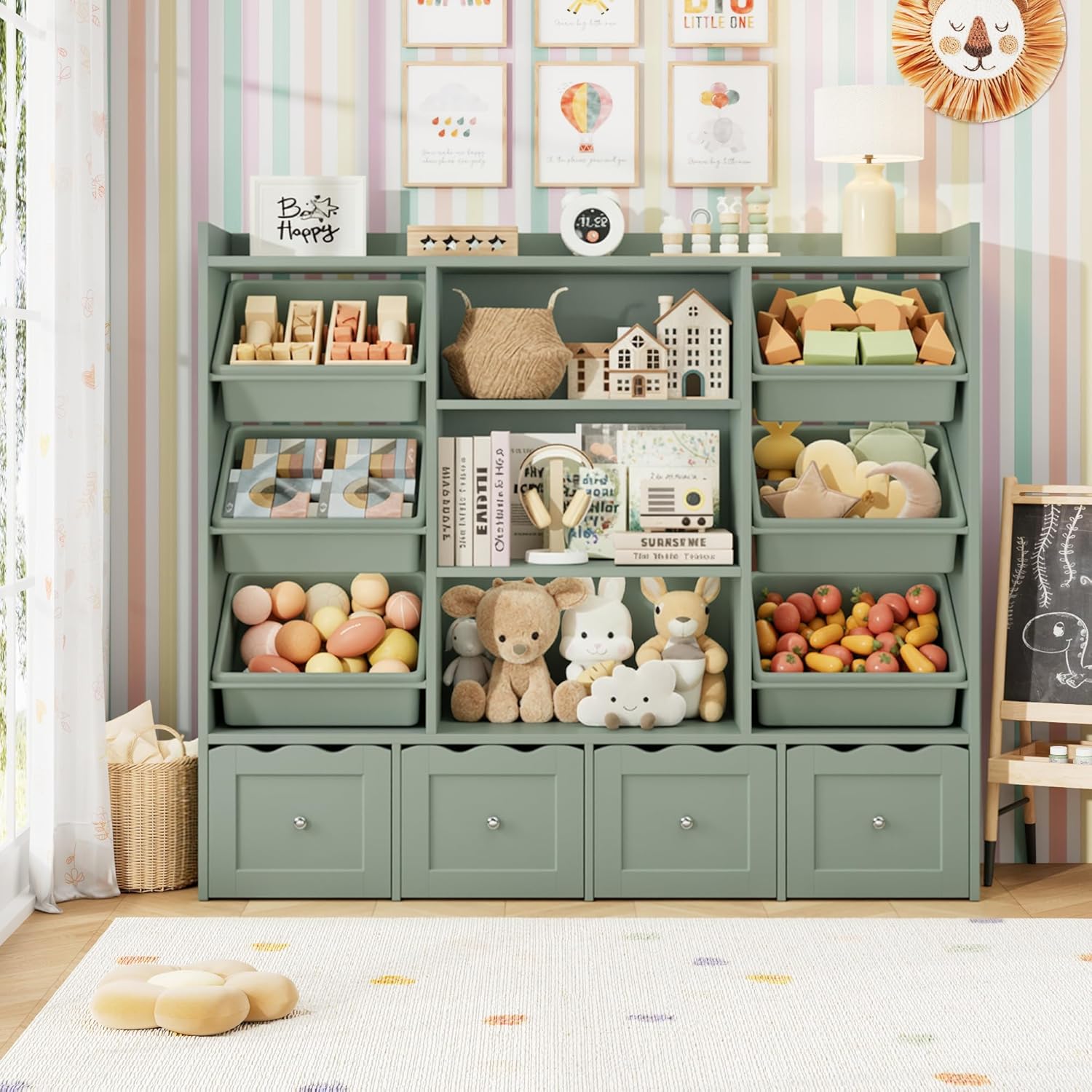 HITHOS 55" W Kids Toy Storage Organizer, Large Toy Box with Bookshelf, Toy Chest with 3 Cubes Storage Organizer, 6 Toy Organizers and Storage Bins, 4 Rolling Drawers for Kids Room, Playroom, Green - Image 7