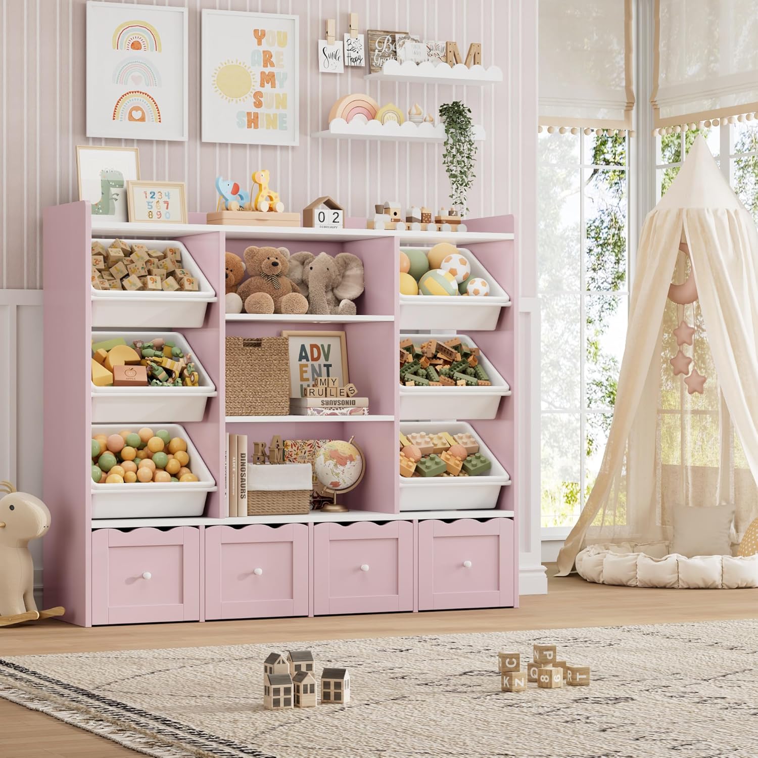 HITHOS 55" W Kids Toy Storage Organizer, Large Toy Box with Bookshelf, Toy Chest with 3 Cubes Storage Organizer, 6 Toy Organizers and Storage Bins, 4 Rolling Drawers for Kids Room, Playroom, Green - Image 8