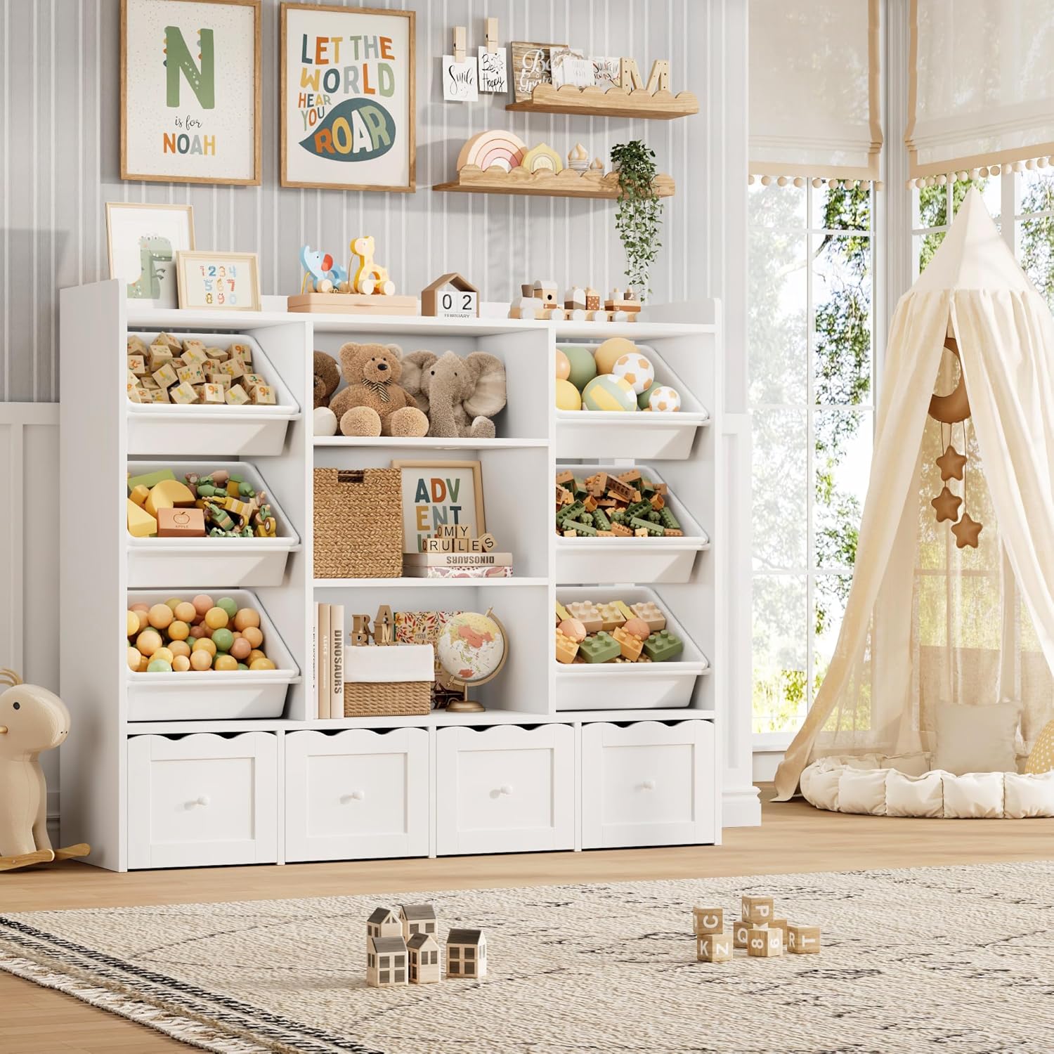 HITHOS 55" W Kids Toy Storage Organizer, Large Toy Box with Bookshelf, Toy Chest with 3 Cubes Storage Organizer, 6 Toy Organizers and Storage Bins, 4 Rolling Drawers for Kids Room, Playroom, Green - Image 9