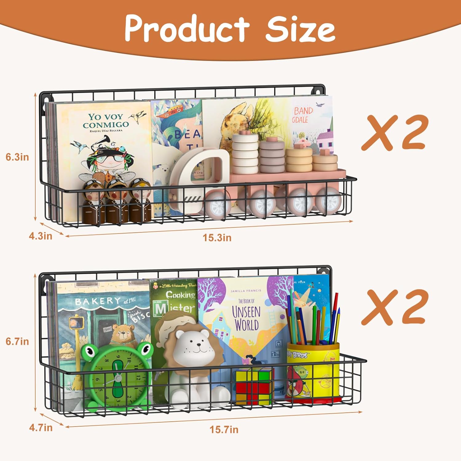 Alternative view of X-cosrack 4-Pack Wall Mounted Metal Kids Bookshelf, Floating Book Shelves for Kids Nursery Toddler Classroom, Hanging Book Shelf Organizer for Room Decor, Black