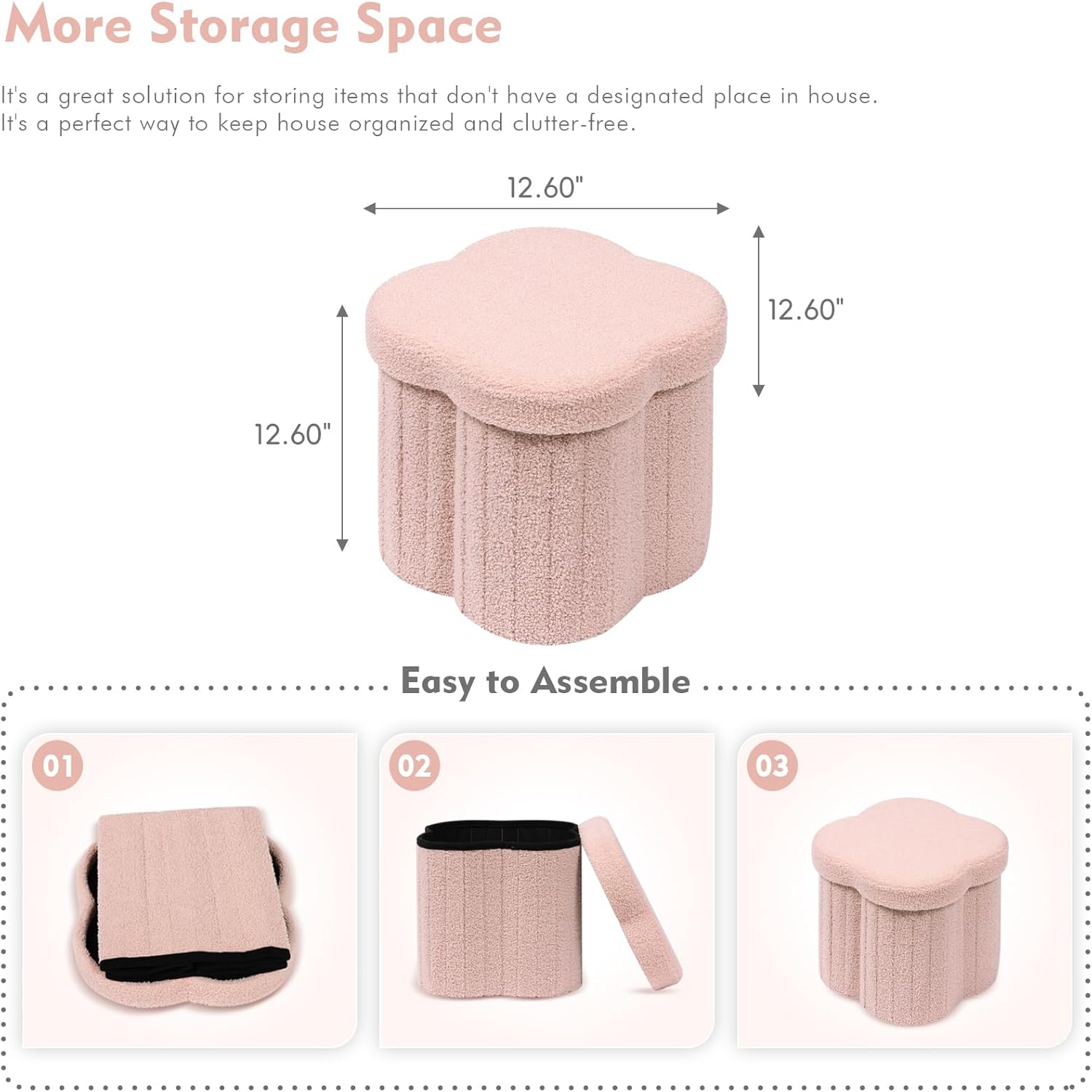 Alternative view of B FSOBEIIALEO Storage Ottoman Cube, Flowers Shaped Ottomans with Storage Foot Stool Footrest for Lving Room, Boucle Ottoman Seat for Dorm Room,Faux Teddy Fur, Pink 12.6"x12.6"x12.6"