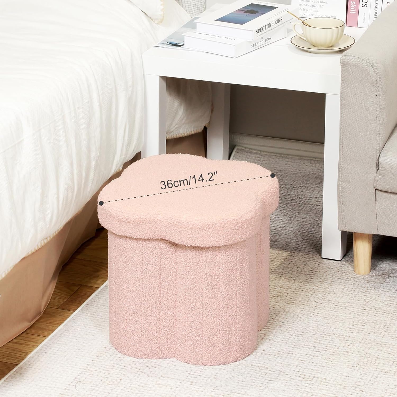 B FSOBEIIALEO Storage Ottoman Cube, Flowers Shaped Ottomans with Storage Foot Stool Footrest for Lving Room, Boucle Ottoman Seat for Dorm Room,Faux Teddy Fur, Pink 12.6"x12.6"x12.6" - Image 3