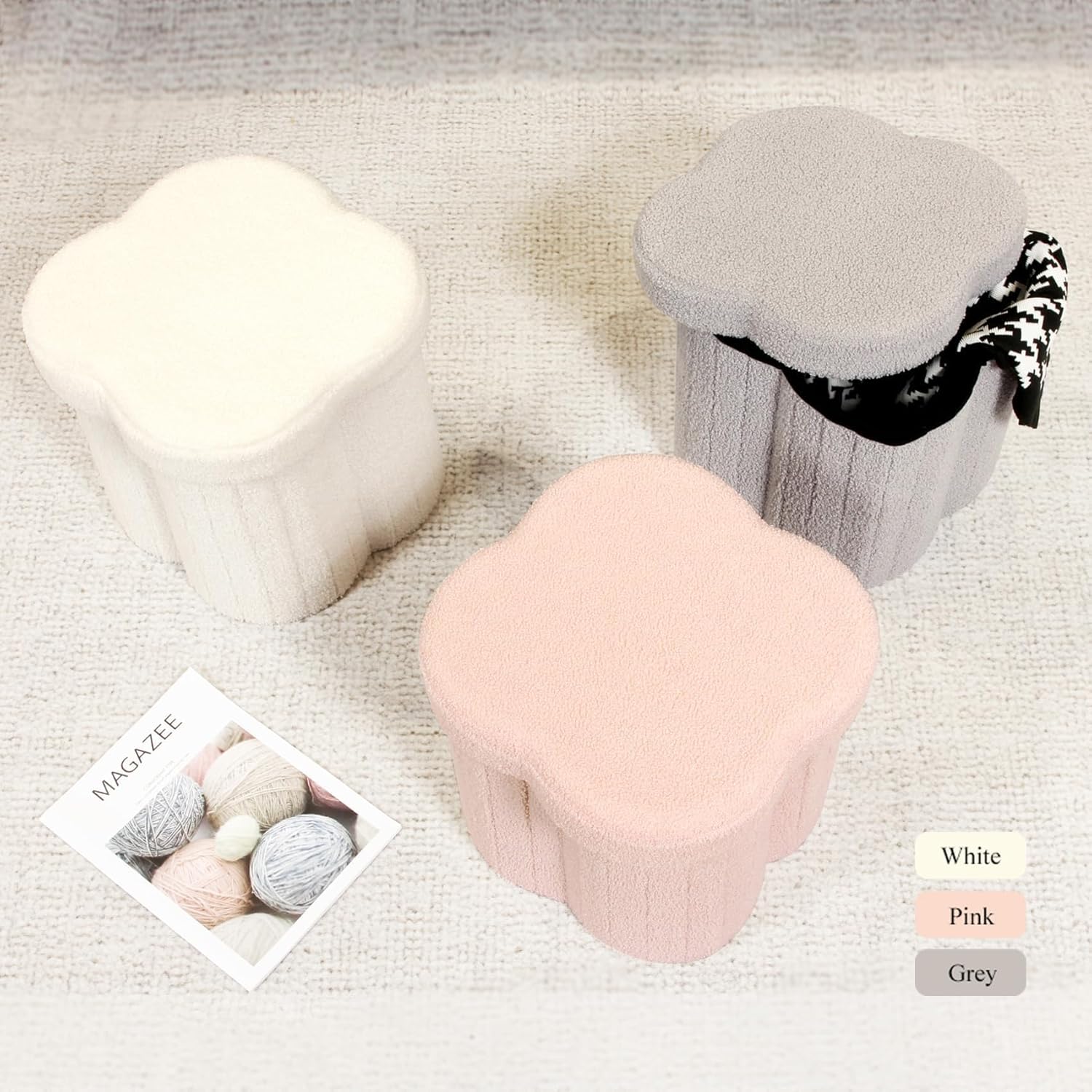 B FSOBEIIALEO Storage Ottoman Cube, Flowers Shaped Ottomans with Storage Foot Stool Footrest for Lving Room, Boucle Ottoman Seat for Dorm Room,Faux Teddy Fur, Pink 12.6"x12.6"x12.6" - Image 7