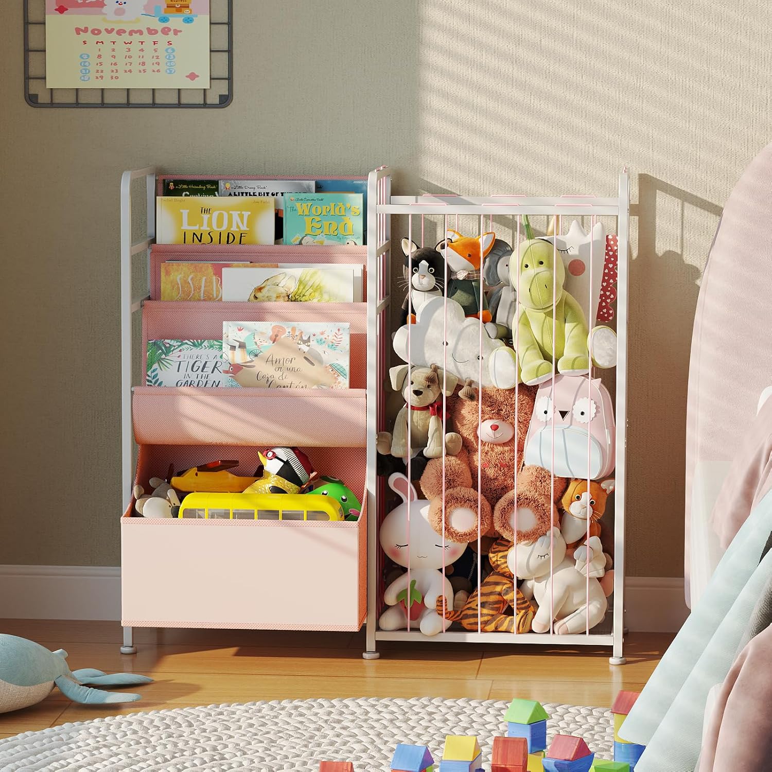 BBLIKE Kids Bookshelf and Stuffed Animal Storage - Multi-Function Nursery Book Shelves with Toy Box and PVC Book Display, Toy Organizer for Playroom, Bedroom, Nursery, Pink