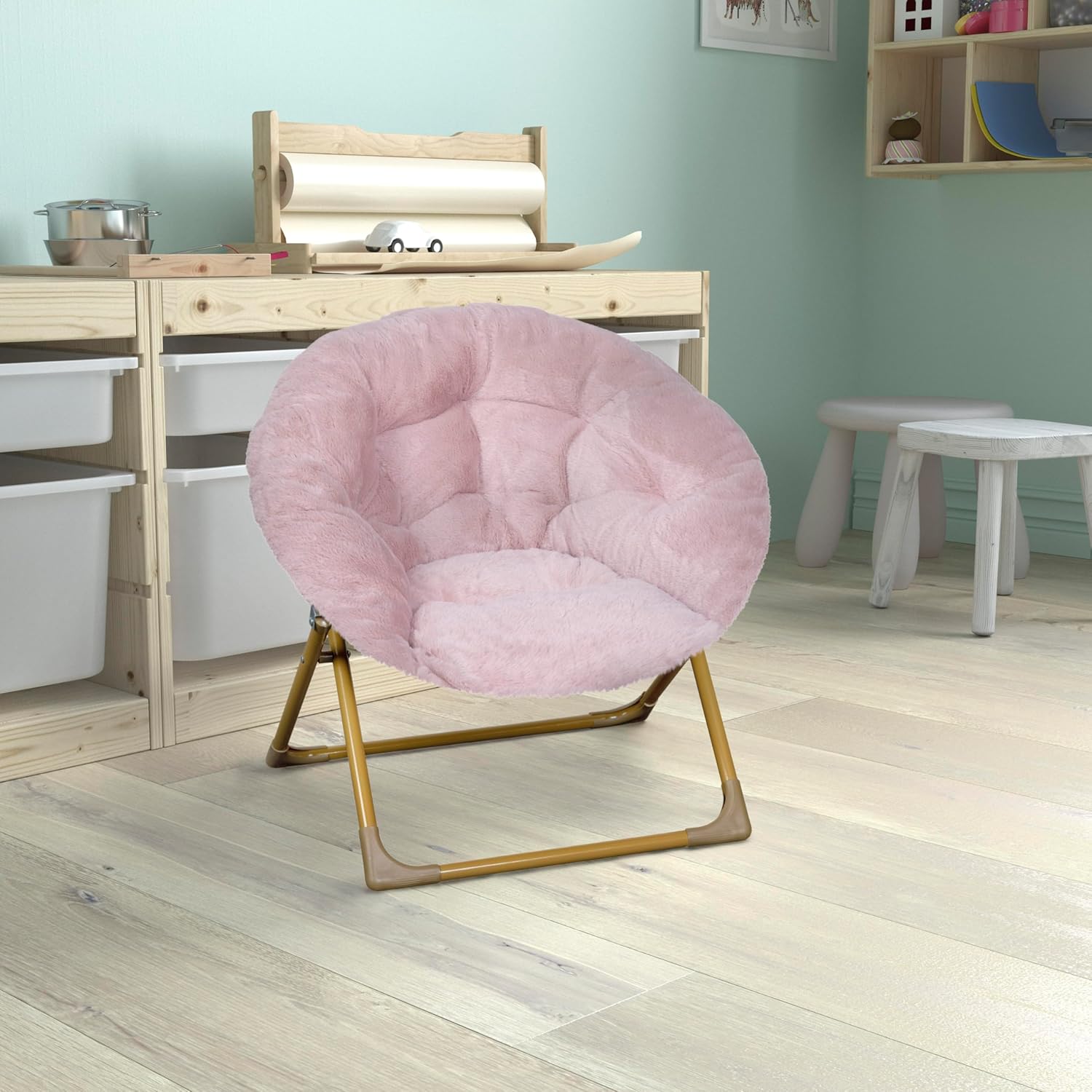 Flash Furniture Gwen Kids Cozy Mini Folding Saucer Chair - Blush Faux Fur Moon Chair - Soft Gold Metal Frame - 23" Portable Folding Chair For Living Room or Bedroom