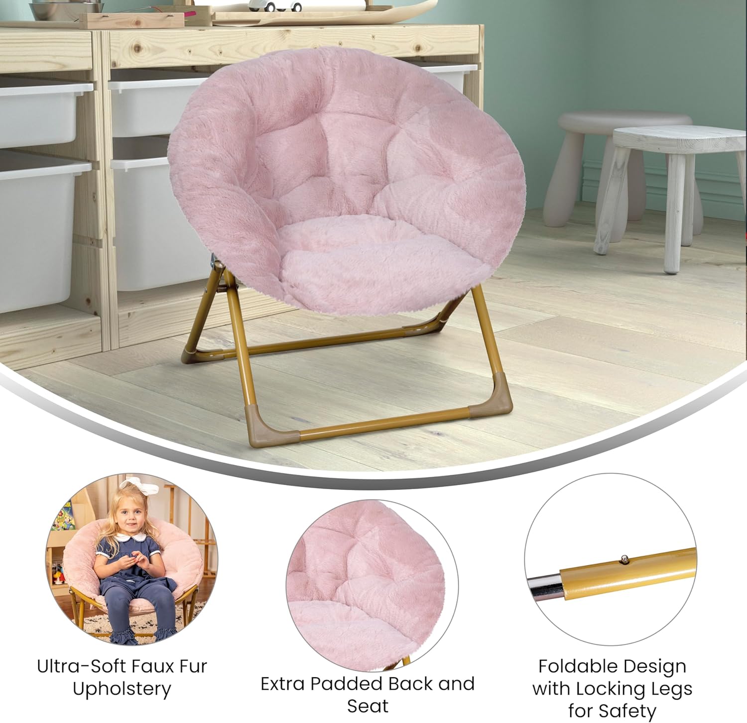 Flash Furniture Gwen Kids Cozy Mini Folding Saucer Chair - Blush Faux Fur Moon Chair - Soft Gold Metal Frame - 23" Portable Folding Chair For Living Room or Bedroom - Image 3