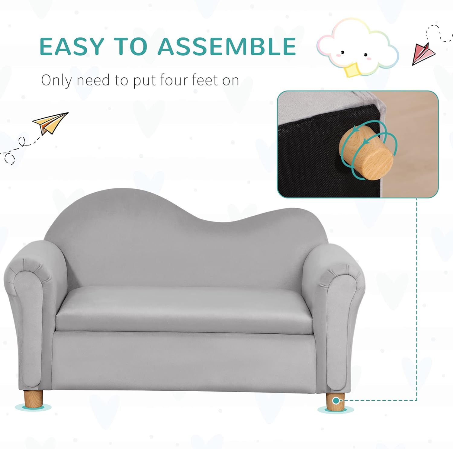 Qaba Ergonomic Foam Kids Sofa with Inner Toy Storage Chest, Velvet Kids Couch with Soft Arms, Children's Lounge Furniture, Gray - Image 5