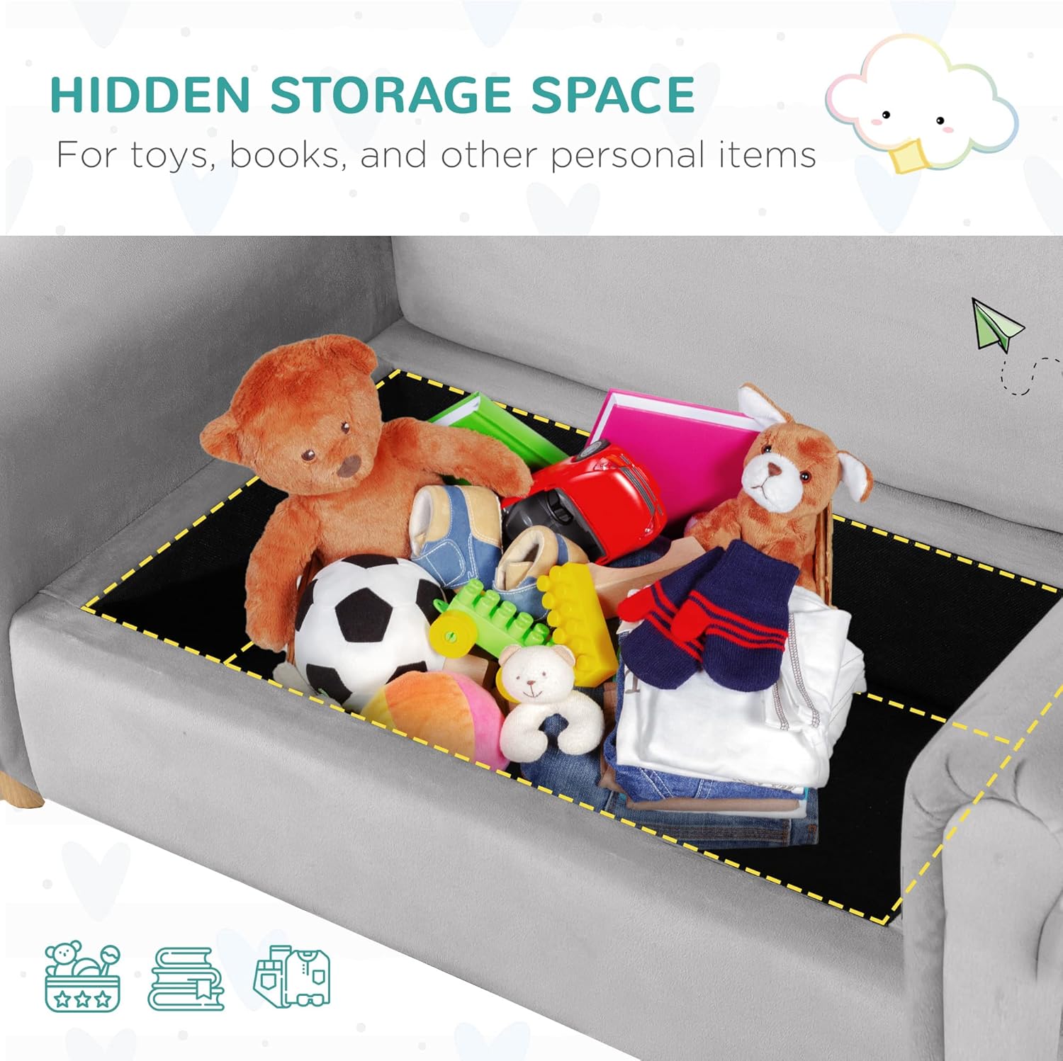 Qaba Ergonomic Foam Kids Sofa with Inner Toy Storage Chest, Velvet Kids Couch with Soft Arms, Children's Lounge Furniture, Gray - Image 6