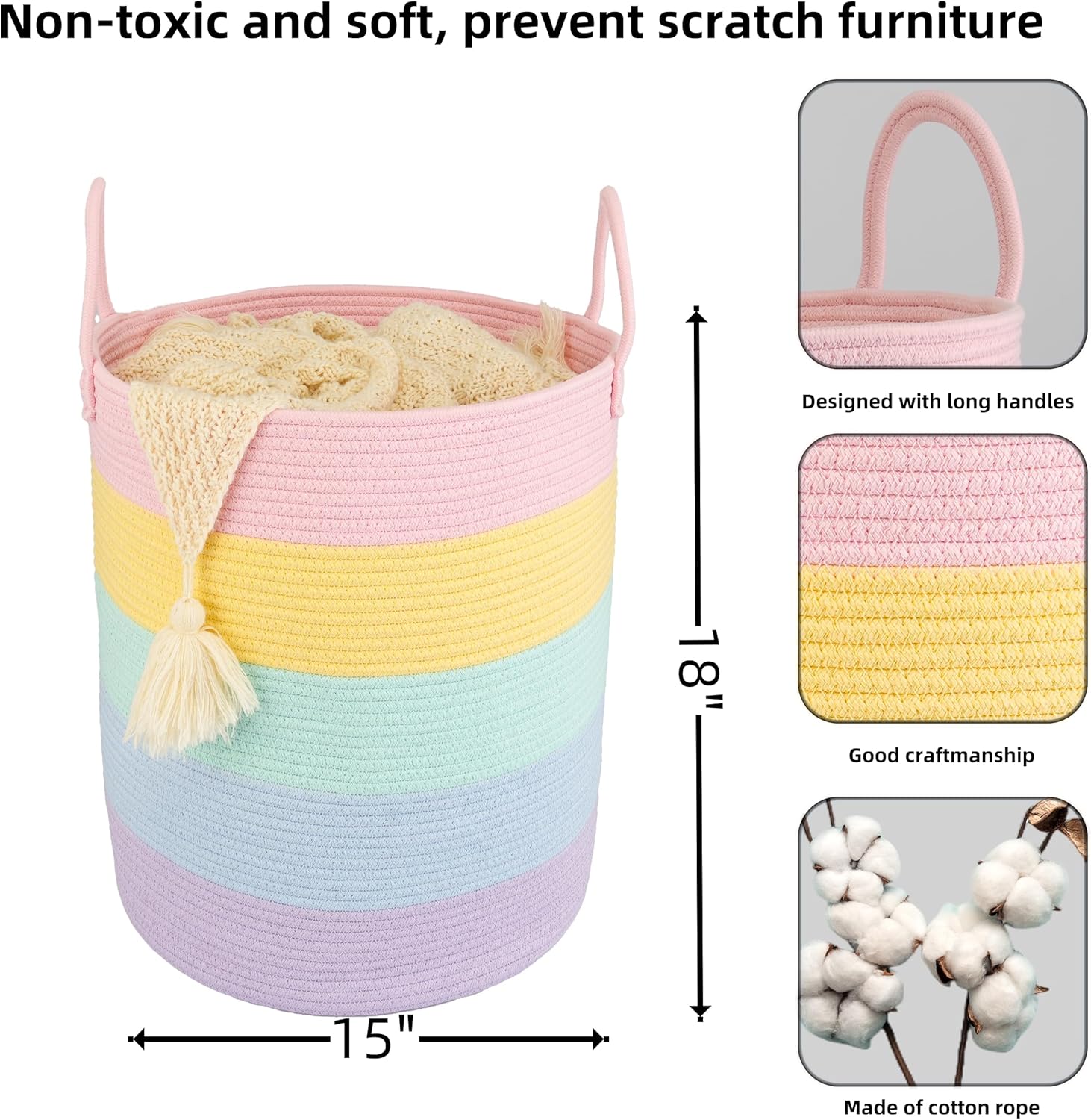 Alternative view of XUANGUO Rope Laundry Basket Hamper for Kids Girl Woven Storage Basket for Living Room Bedroom Boho Tall Baskets for Blanket Toys Pillow Towels Baby Nursery Hamper Bin rainbow