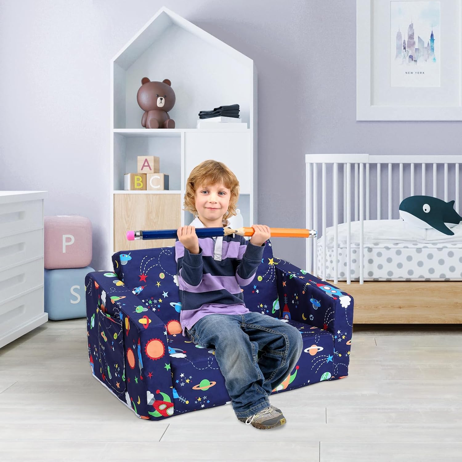 decalsweet Kids Couch Convertible Sofa to Lounger for Toddler Boy, Foldable 2-in-1 Kids Sofa Bed, Toddler Chairs Comfy for Bedroom Playroom, Blue Rocket