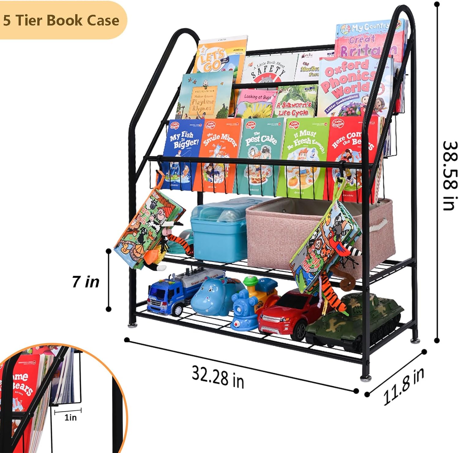 Metal Kids Bookshelf 5-Tier, Space Saving Book Storage with Toy Organizer, Durable Children Bookcase for Playroom Nursery Bedroom, Rust-Resistant Steel Frame, Montessori Classroom Shelf (Dark Black)