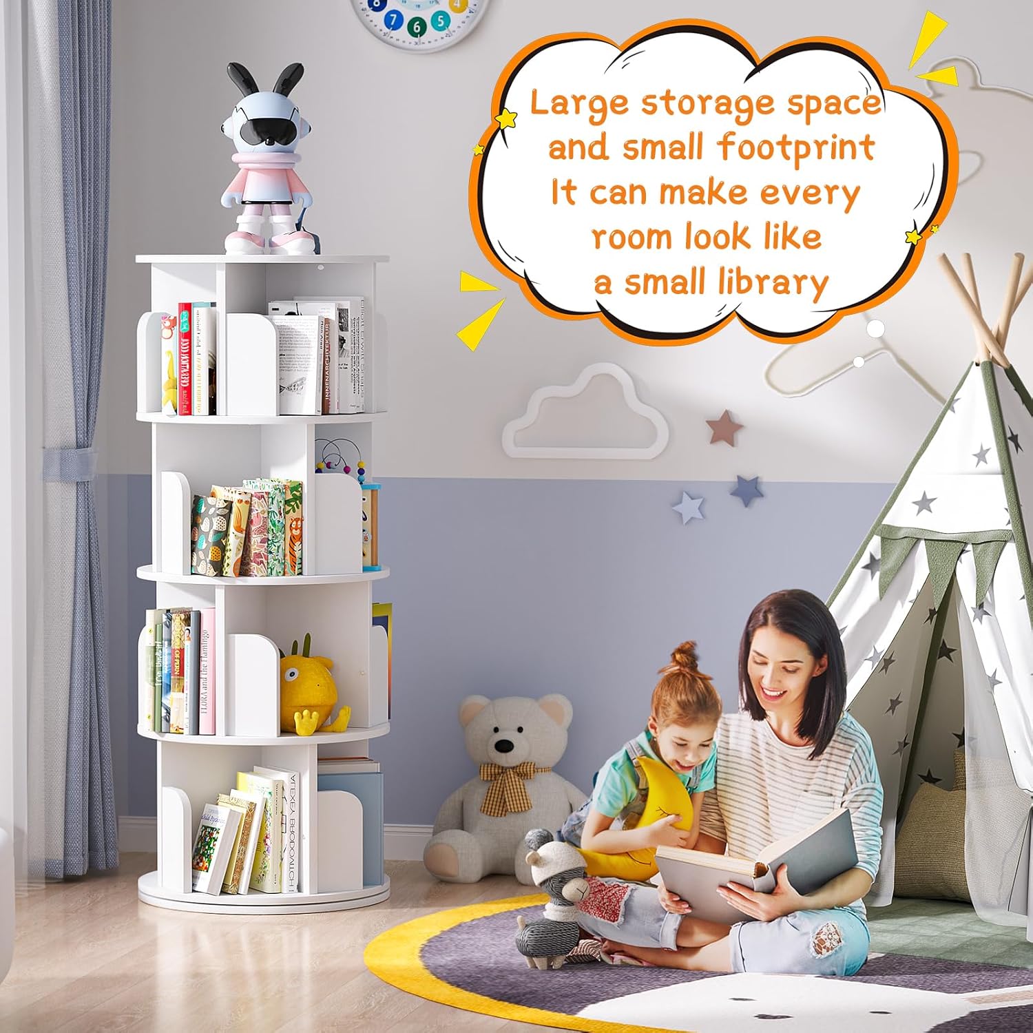 Alternative view of Besiost Rotating Bookshelf, Wood Corner Bookshelf, 360 Display Spinning Bookcase Storage Rack, 4 Tier Floor Standing Revolving Bookcase Narrow Book Shelf Organizer for Small Space, Bedroom, White