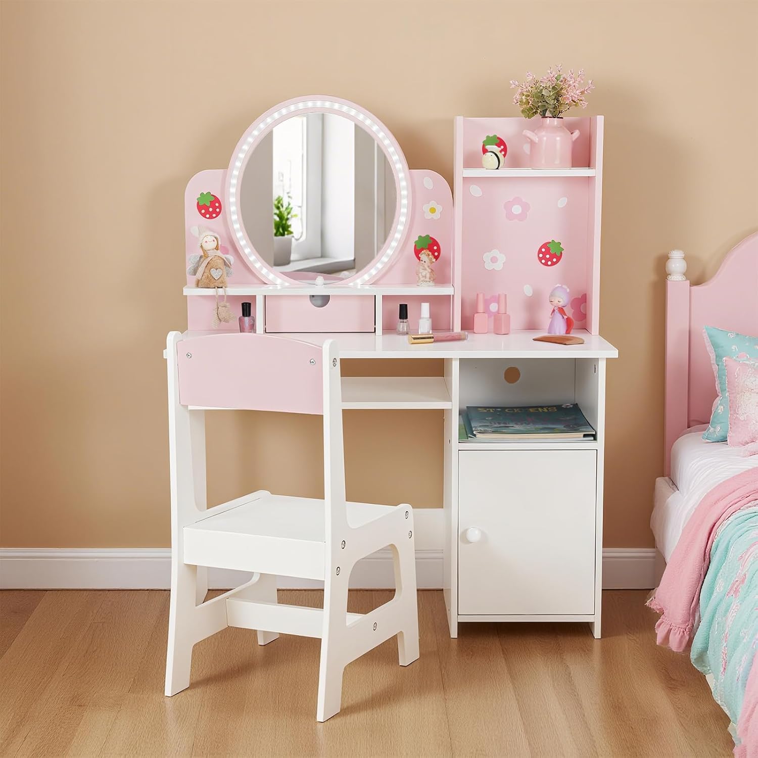 JOYLDIAS Kids Vanity with Lights, Pink Girls Makeup Vanity with Open Bookshelf, Storage Cabinet & Shelves, 2 in 1 Toddler Vanity Desk and Chair Set, Dressing Table for Kids 3+