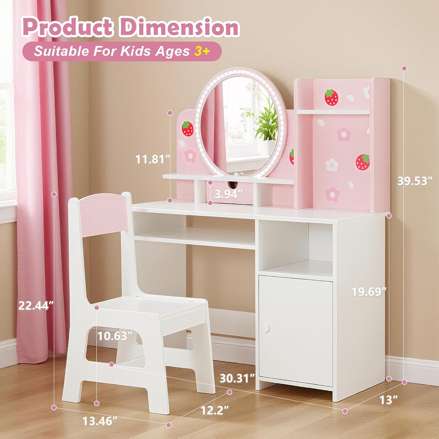 Alternative view of JOYLDIAS Kids Vanity with Lights, Pink Girls Makeup Vanity with Open Bookshelf, Storage Cabinet & Shelves, 2 in 1 Toddler Vanity Desk and Chair Set, Dressing Table for Kids 3+
