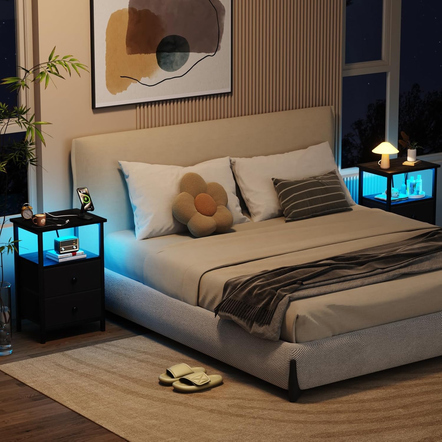 LOAKEKEL Nightstand with Charging Station, End Table with 2 Fabric Drawers, LED Night Stand for Bedroom, Small Bed Side Table with USB Ports and Outlets for Living Room, Black, HETS02BK-1