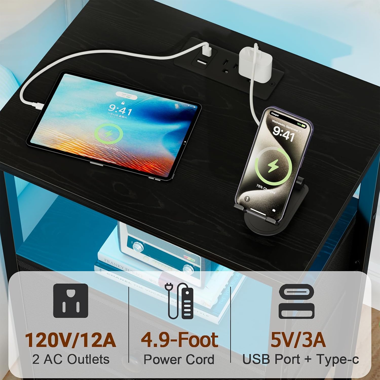 LOAKEKEL Nightstand with Charging Station, End Table with 2 Fabric Drawers, LED Night Stand for Bedroom, Small Bed Side Table with USB Ports and Outlets for Living Room, Black, HETS02BK-1 - Image 3