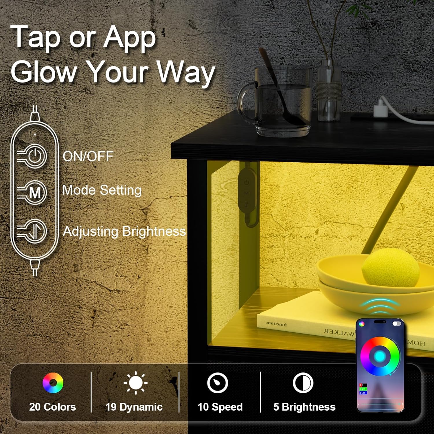 LOAKEKEL Nightstand with Charging Station, End Table with 2 Fabric Drawers, LED Night Stand for Bedroom, Small Bed Side Table with USB Ports and Outlets for Living Room, Black, HETS02BK-1 - Image 4