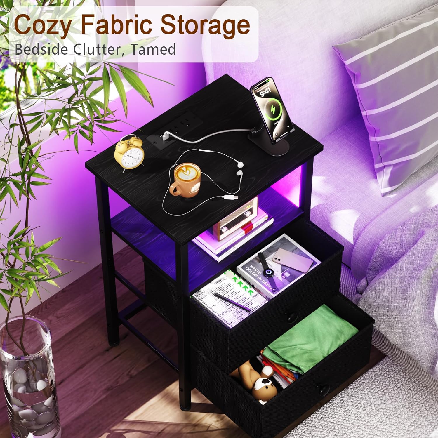 LOAKEKEL Nightstand with Charging Station, End Table with 2 Fabric Drawers, LED Night Stand for Bedroom, Small Bed Side Table with USB Ports and Outlets for Living Room, Black, HETS02BK-1 - Image 5
