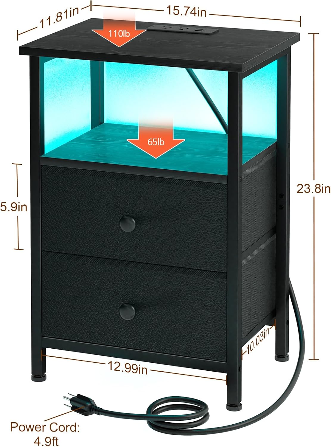 LOAKEKEL Nightstand with Charging Station, End Table with 2 Fabric Drawers, LED Night Stand for Bedroom, Small Bed Side Table with USB Ports and Outlets for Living Room, Black, HETS02BK-1 - Image 6
