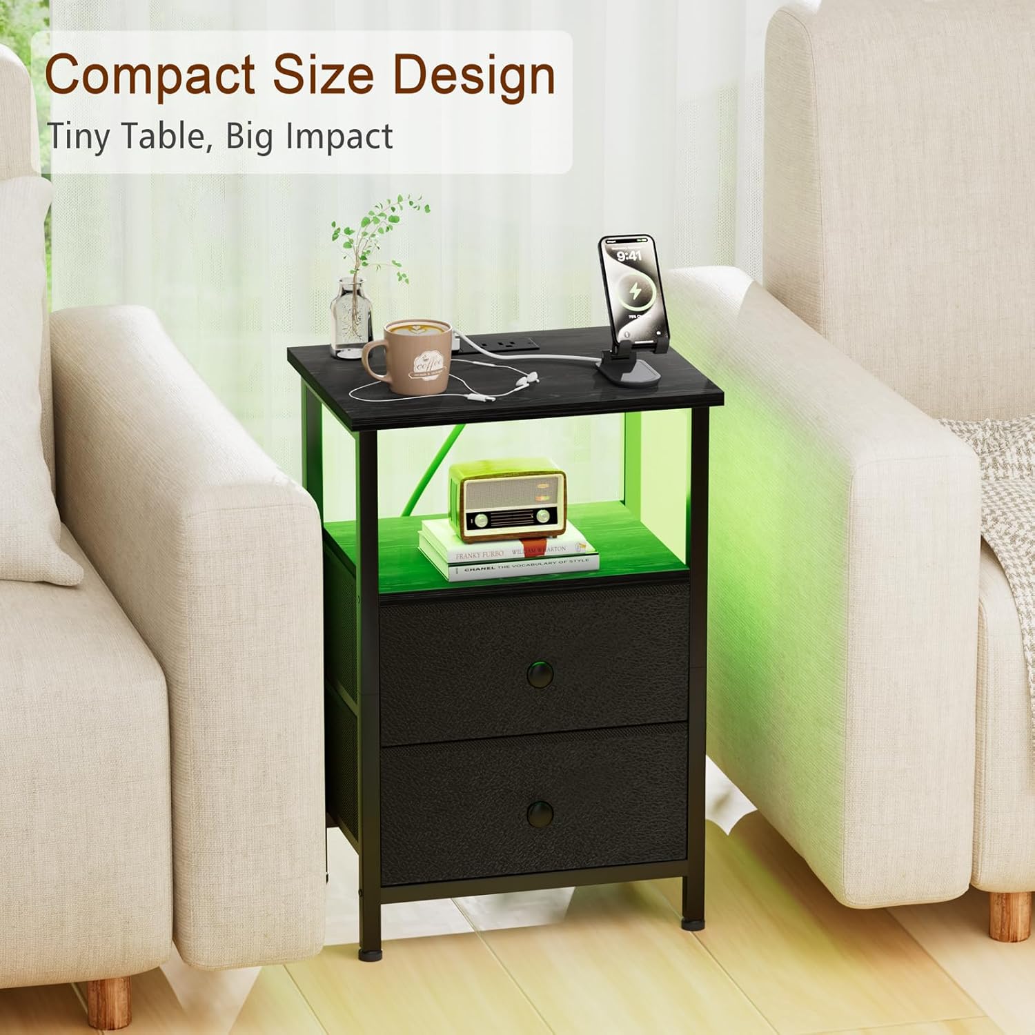 LOAKEKEL Nightstand with Charging Station, End Table with 2 Fabric Drawers, LED Night Stand for Bedroom, Small Bed Side Table with USB Ports and Outlets for Living Room, Black, HETS02BK-1 - Image 7