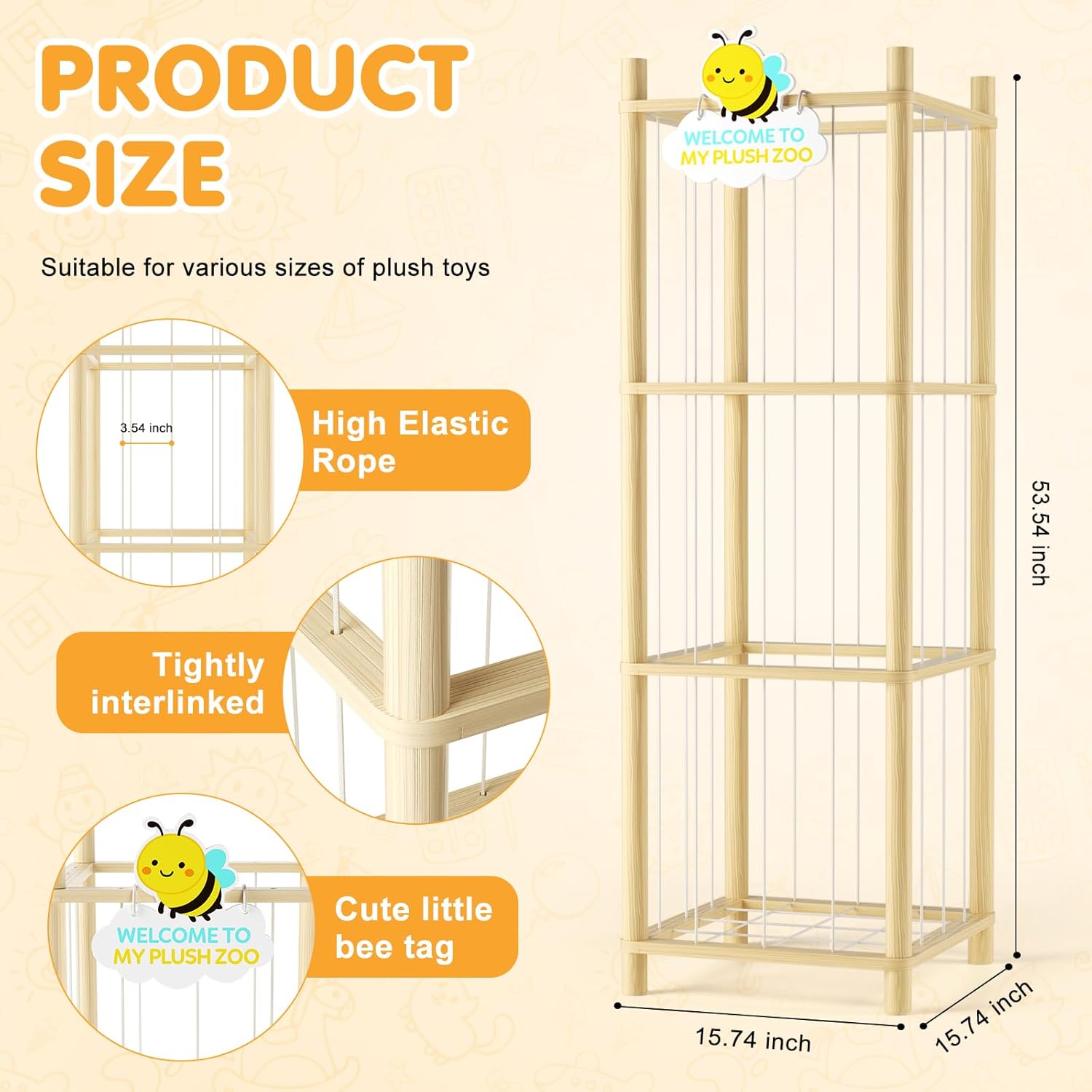 Hsenowi Stuffed Animal Storage Zoo Organizer Natural Pine Plushies Storage with Elastic Bands Vertical Wood Toy Holder Mesh Net Space Saving Design for Playroom Nursery Kids Bedroom