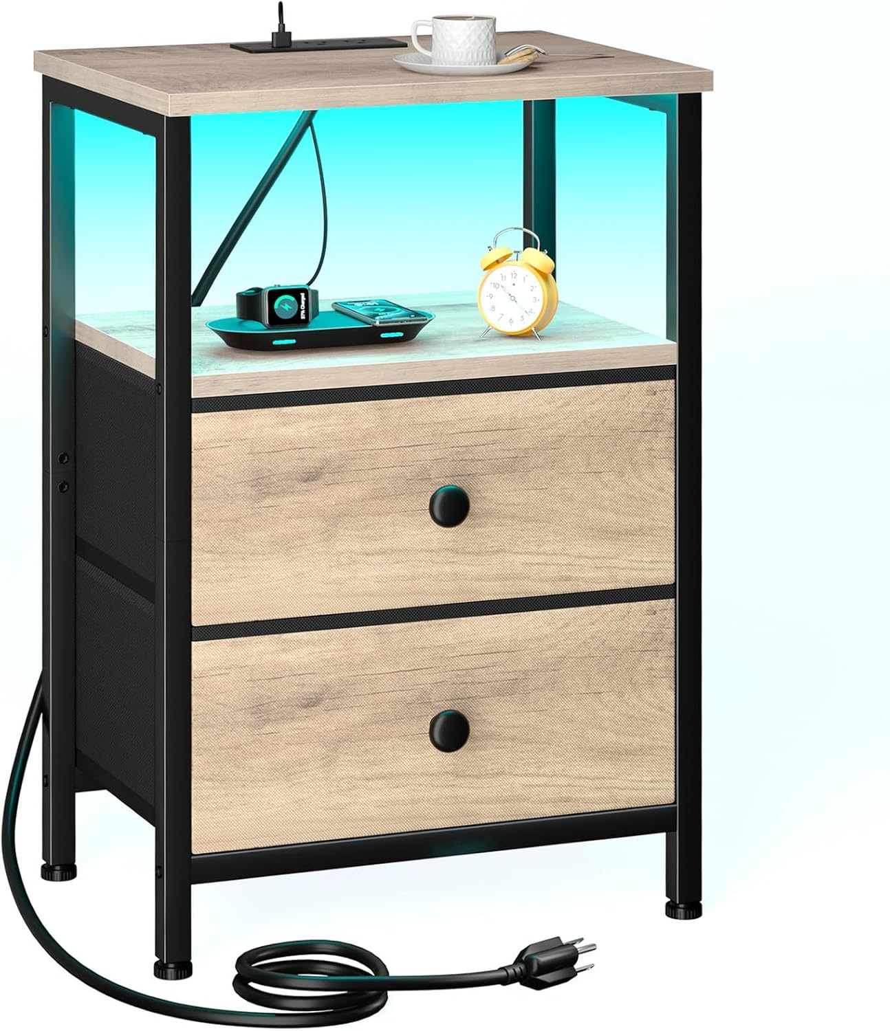 LOAKEKEL Nightstand with Charging Station, End Table with 2 Fabric Drawers, LED Night Stand for Bedroom, Small Bed Side Table with USB Ports and Outlets for Living Room, Black, HETS02BK-1 - Image 8